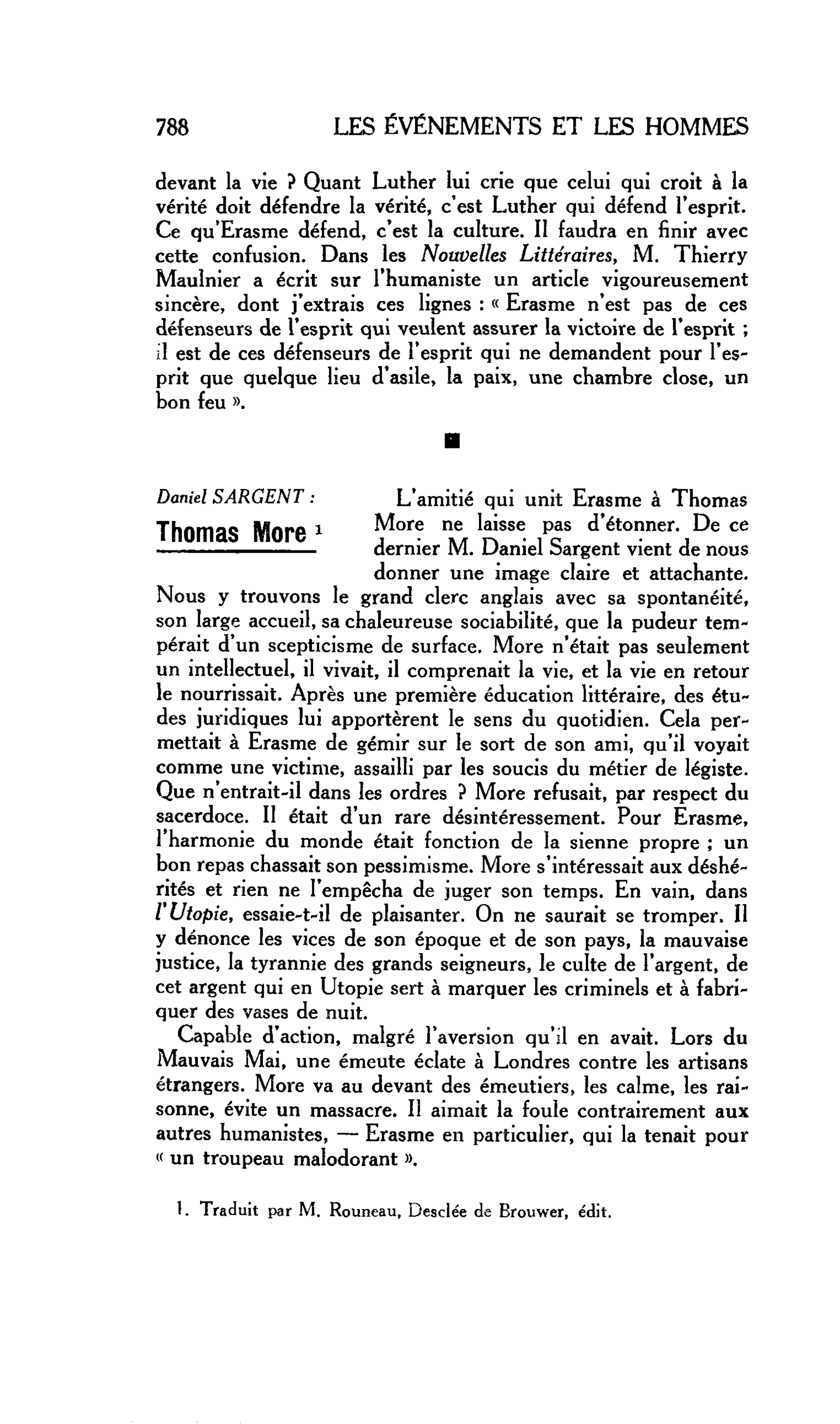 LA RELIGION ET LE MONDE. Daniel SARGENT : Thomas More