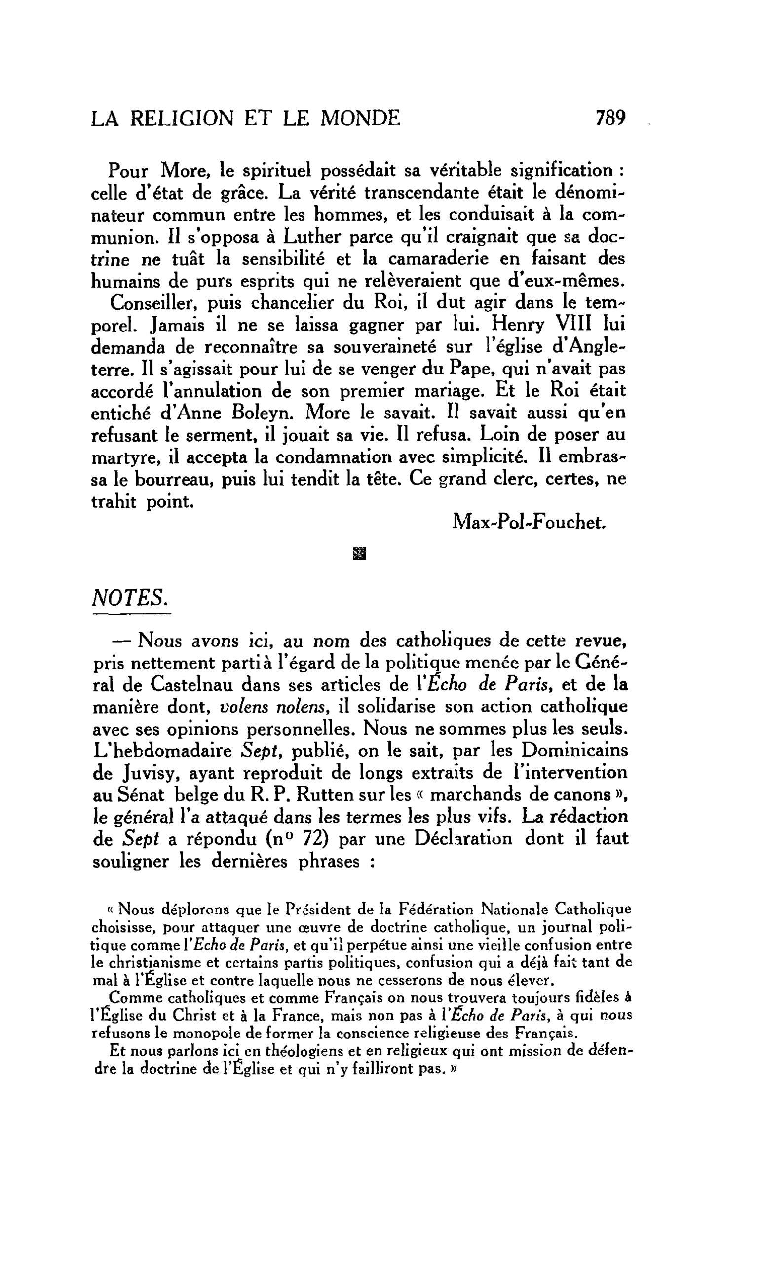 LA RELIGION ET LE MONDE : NOTES