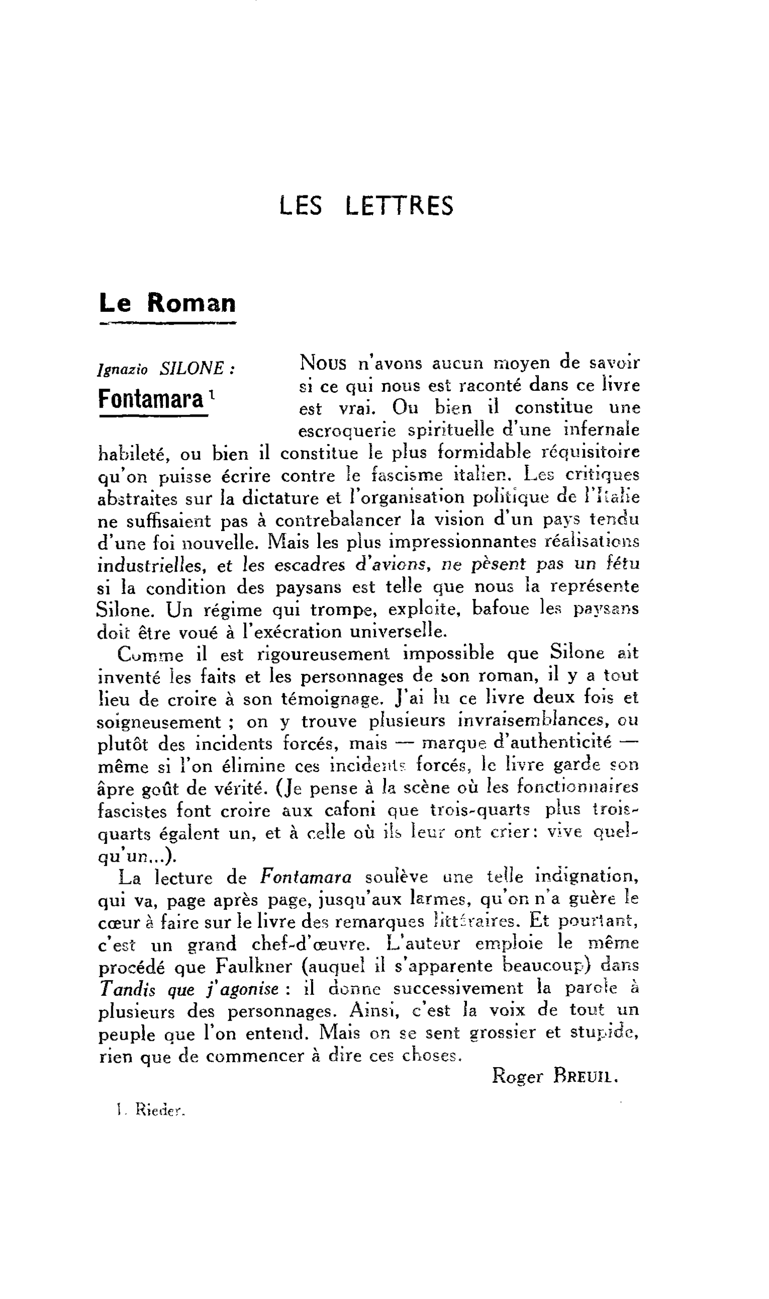 LES LETTRES. Le Roman lgnazio SILONE : Fontamara