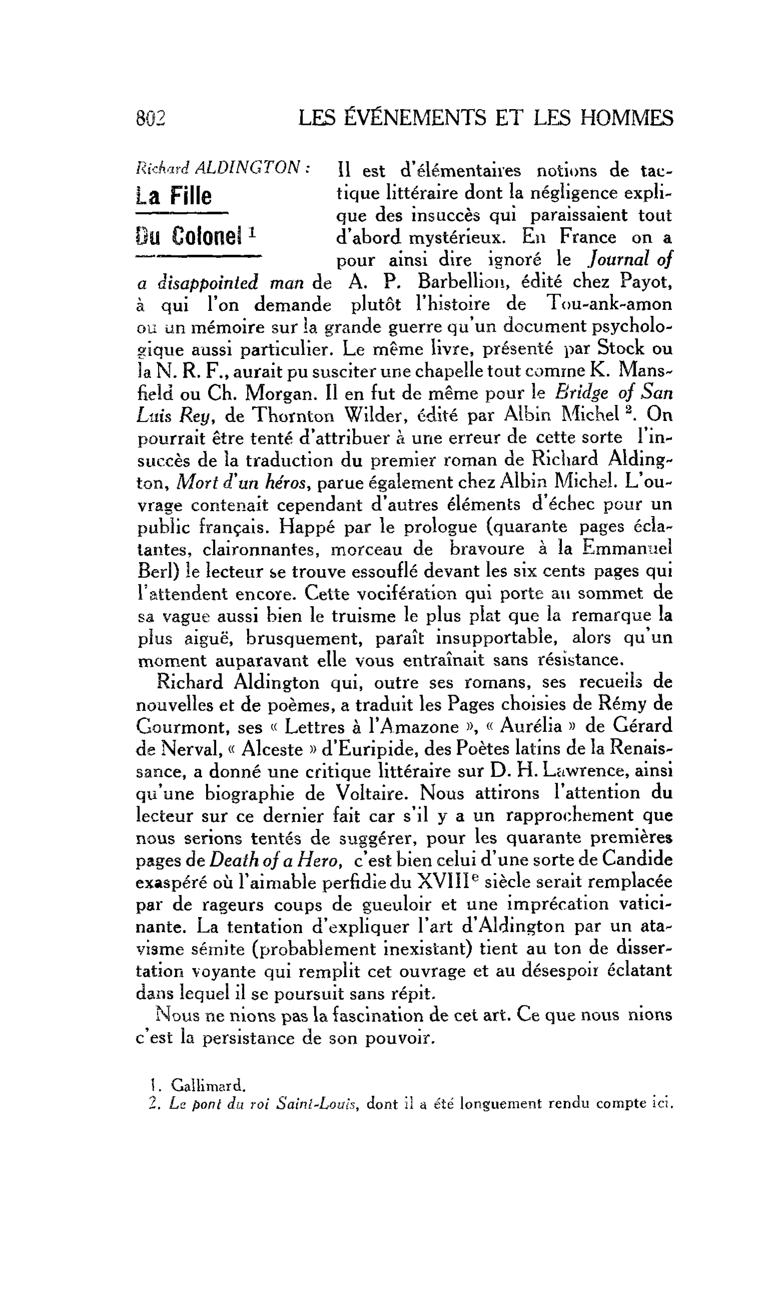 LES LETTRES. Richard ALDINGTON : La Fille Du Colonel
