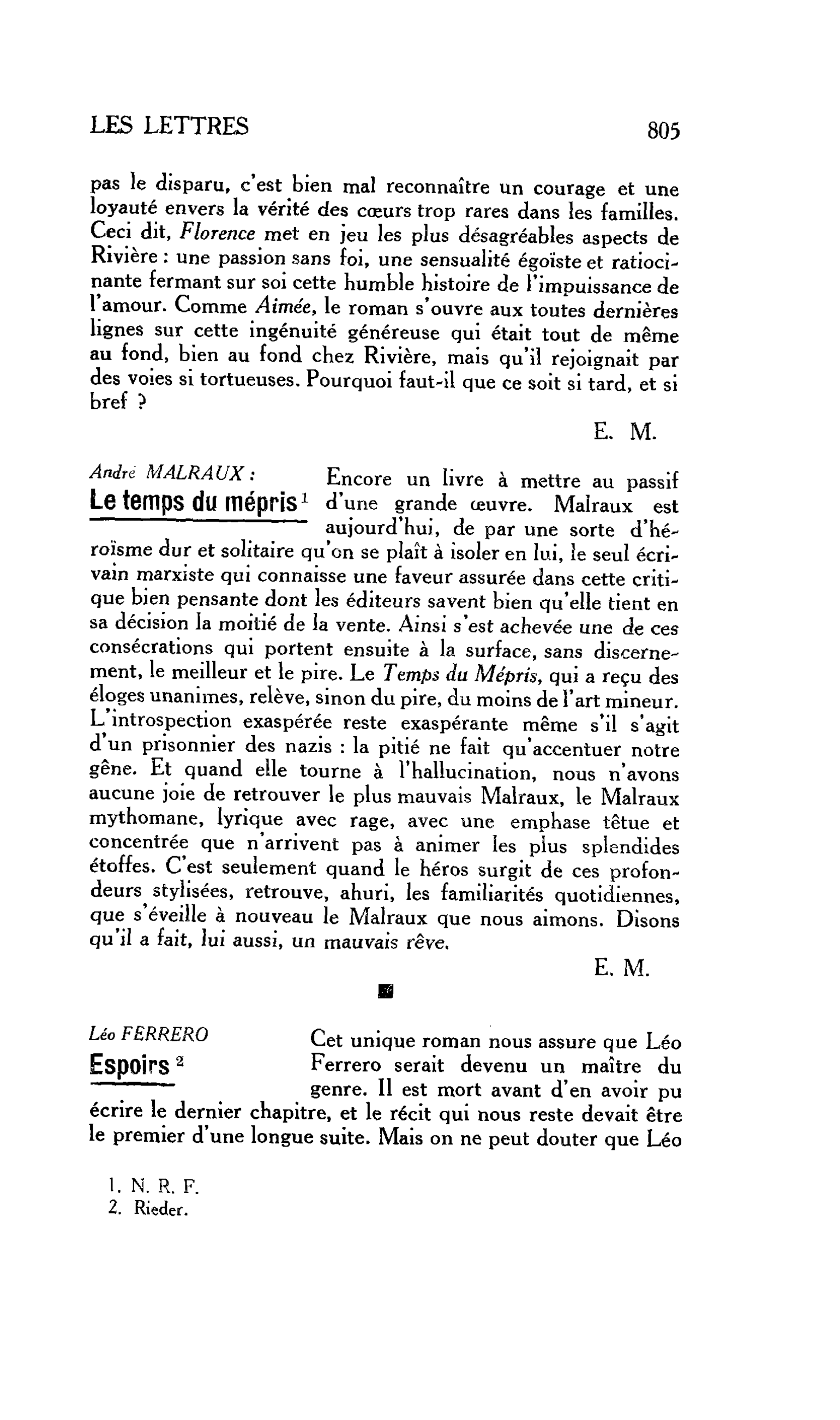 LES LETTRES. André MALRAUX: Le temps du mépris