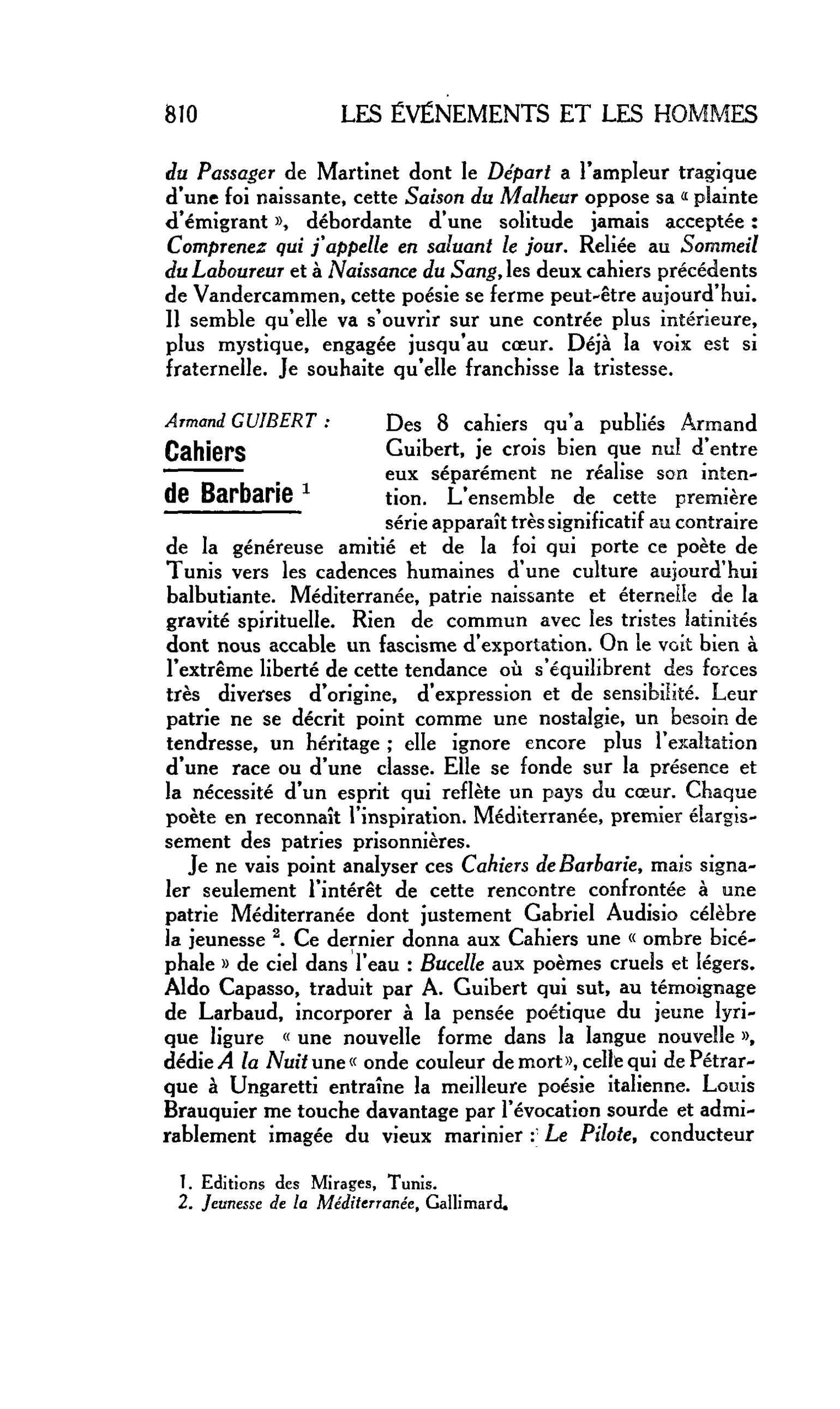 LES LETTRES. Armand GUIBERT : Cahiers de Barbarie