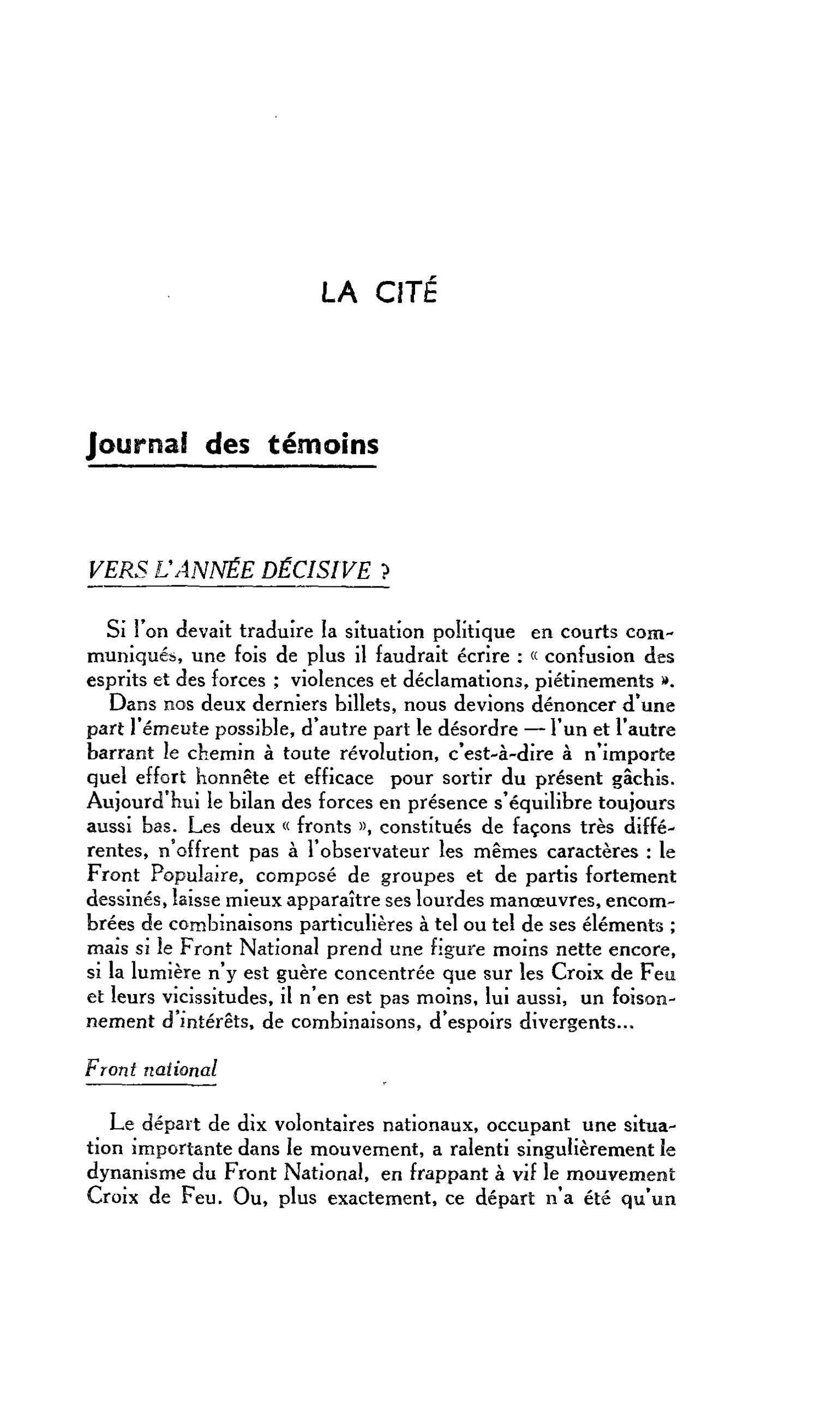 LA CITÉ : Journal des témoins
