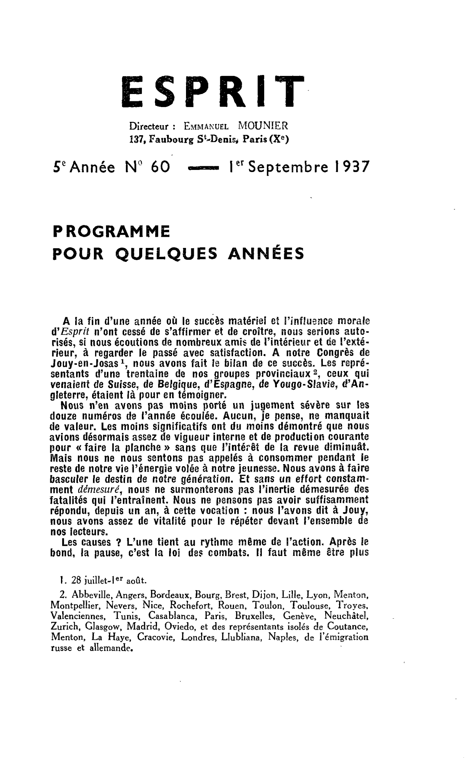 Programme pour quelques années
