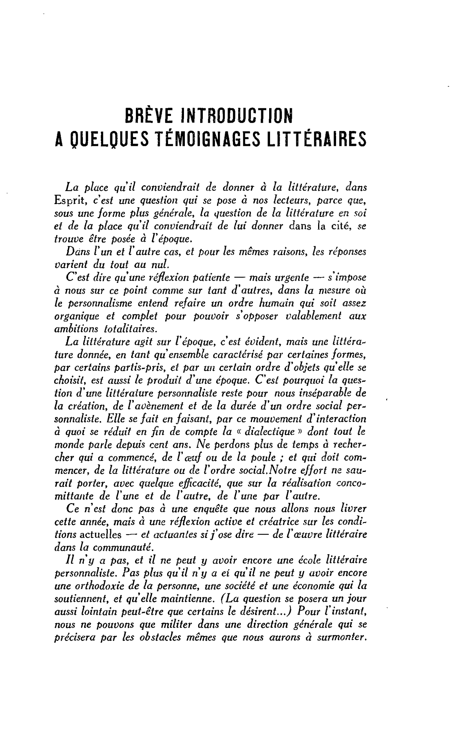 BRÈVE INTRODUCTION A QUELQUES TÉMOIGNAGES LITTÉRAIRES
