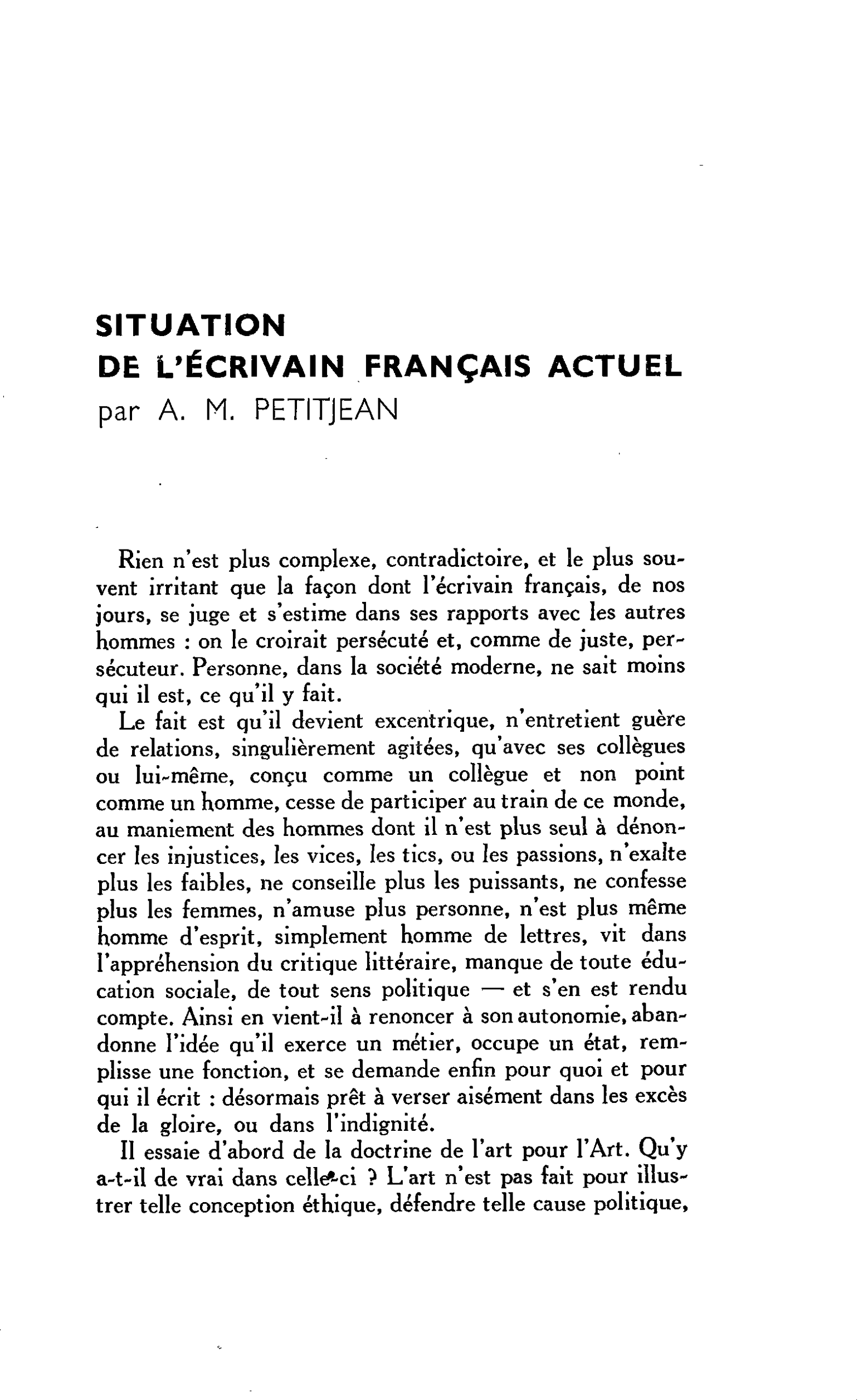 SITUATION DE L’ÉCRIVAIN FRANÇAIS ACTUEL
