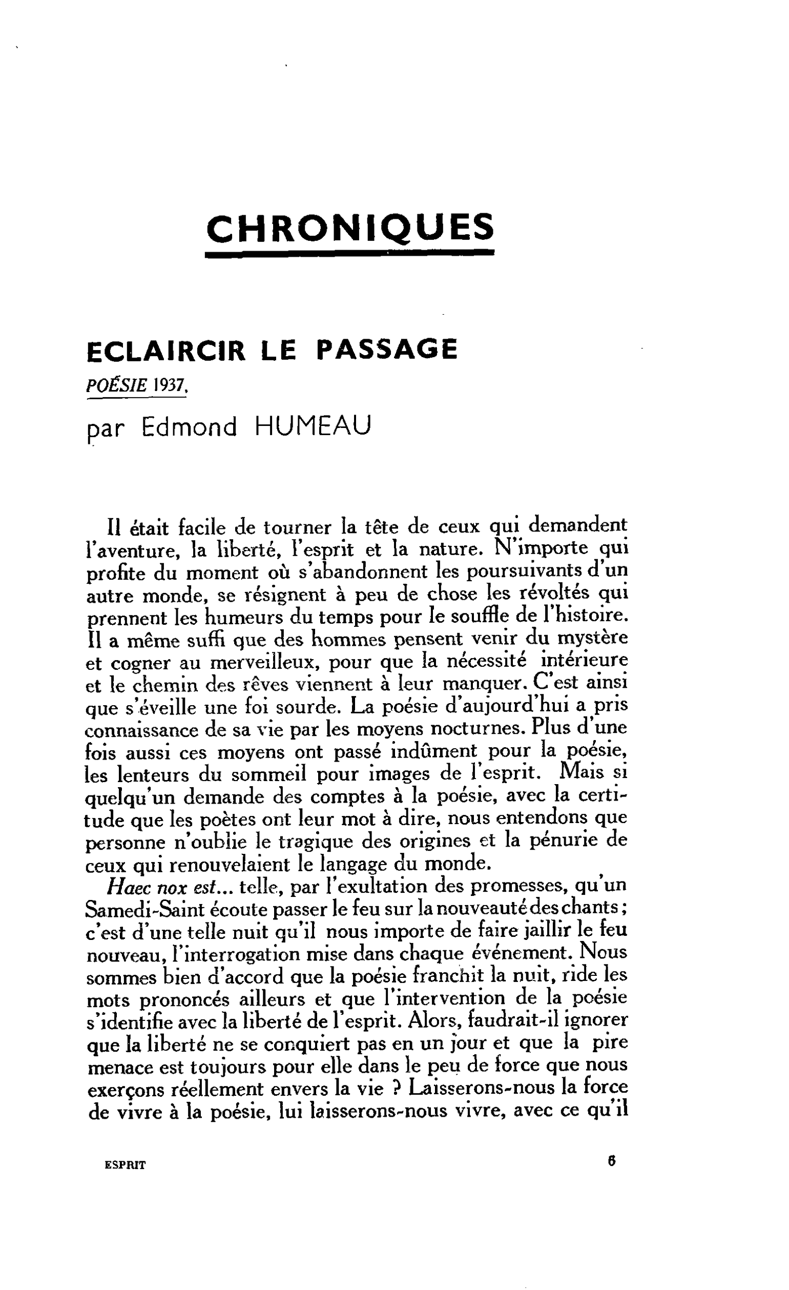 ECLAIRCIR LE PASSAGE POÉSIE 1937, 
