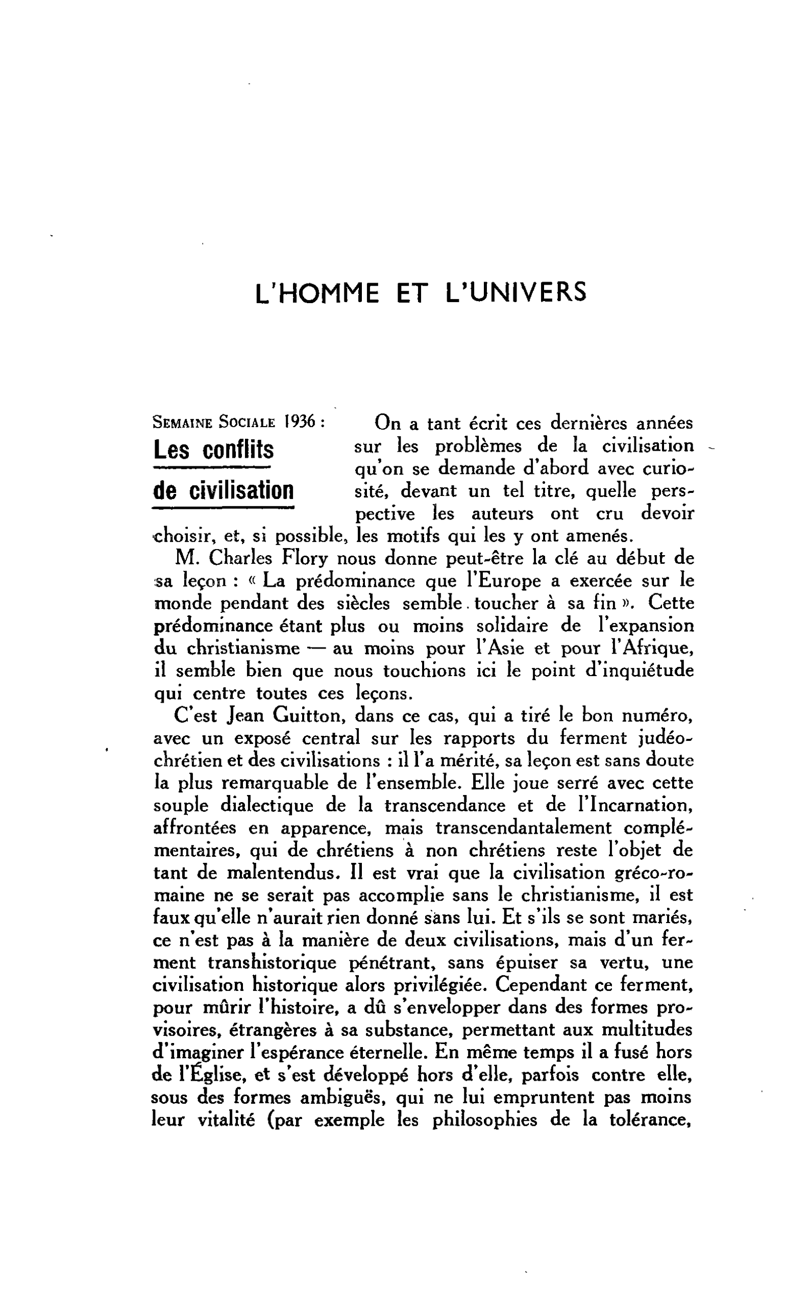 L’HOMME ET L’UNIVERS. Semaine Sociale 1936 : Les conflits de civilisation
