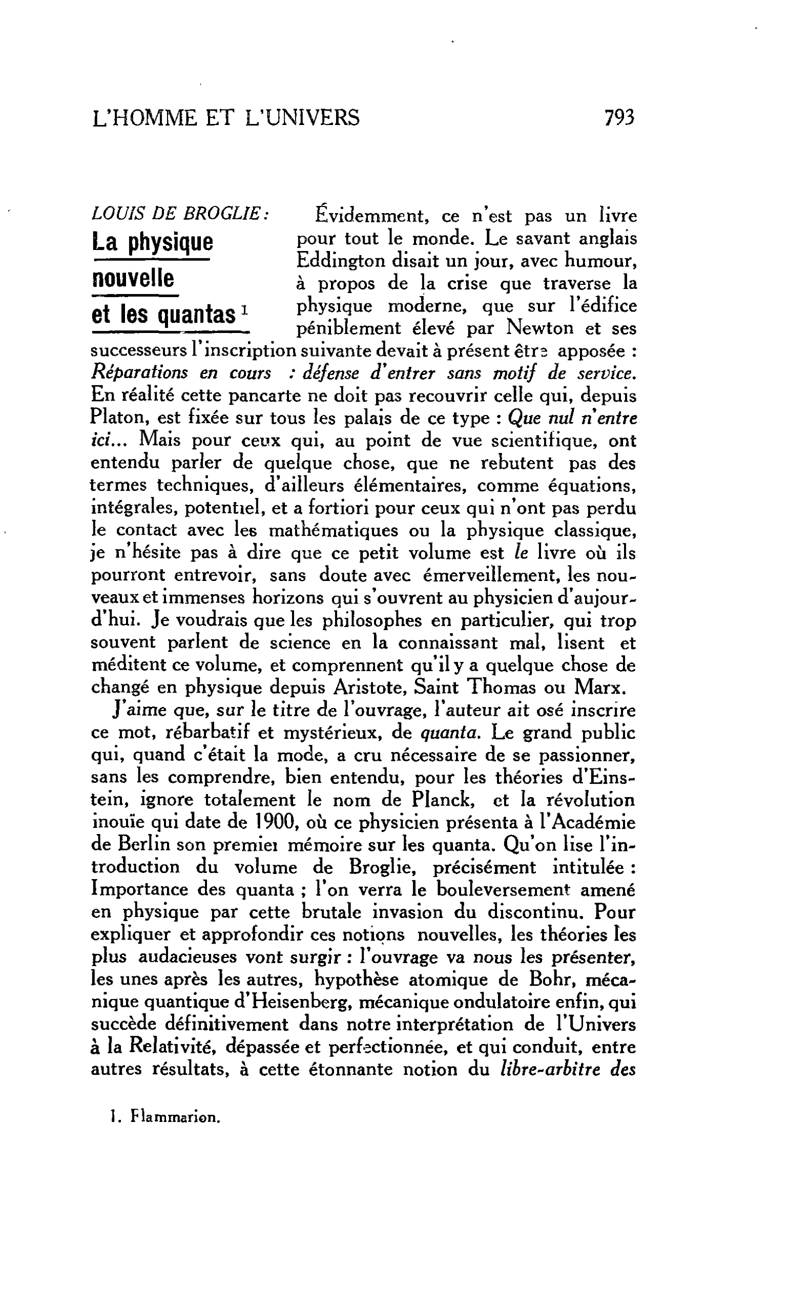 L’HOMME ET L’UNIVERS : LOUIS DE BROGLIE: La physique nouvelle et les quantas