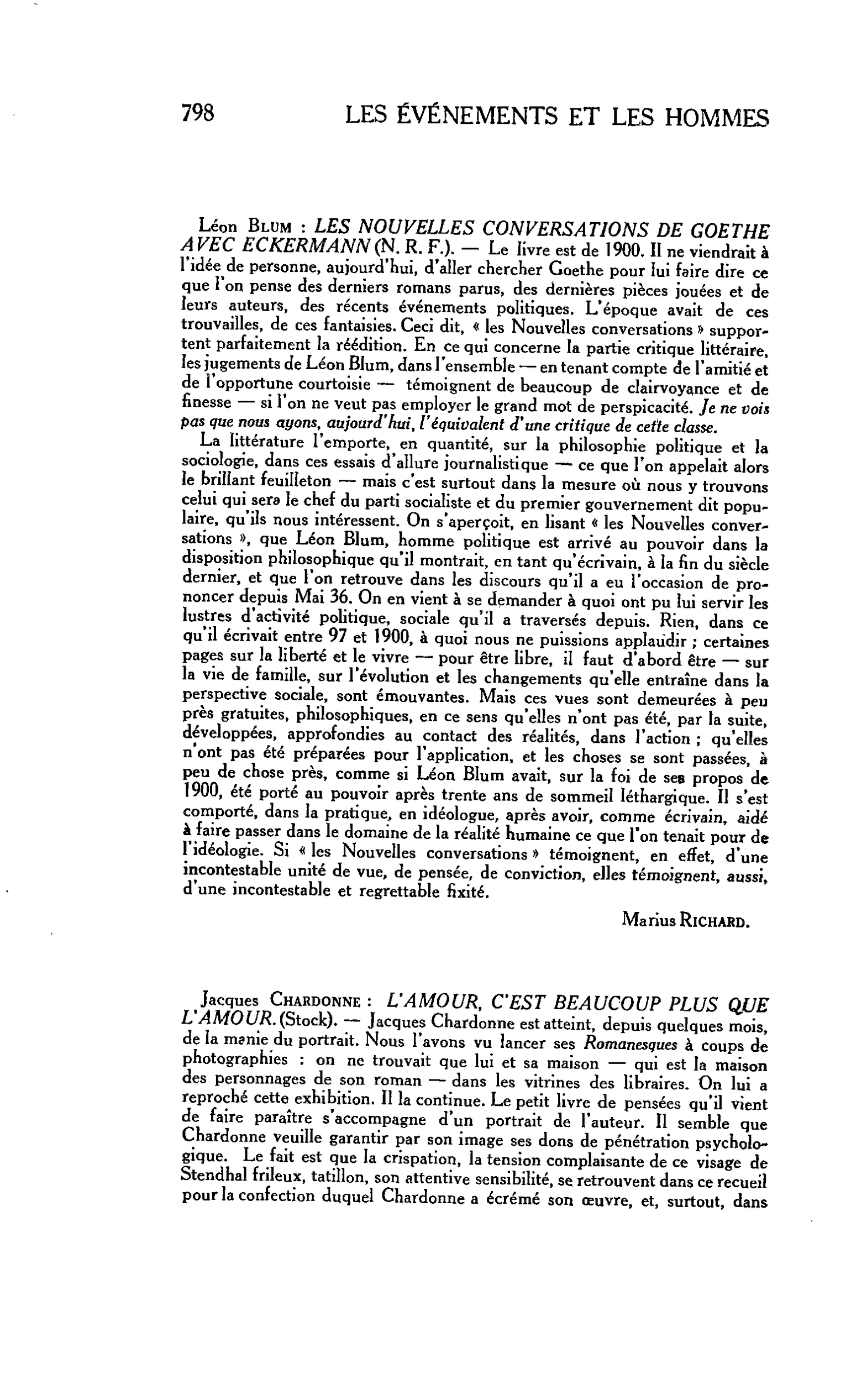LES LETTRES : Léon Blum : LES NOUVELLES CONVERSATIONS DE GOETHE AVEC ECKERMANN
