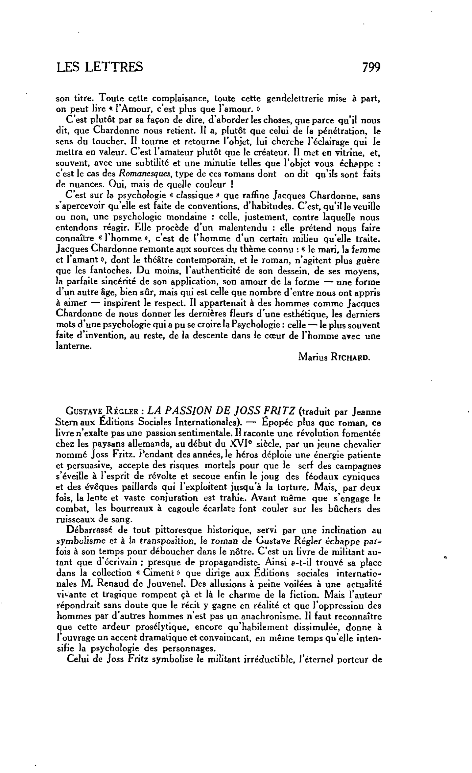 LES LETTRES : Gustave Régler : LA PASSION DE JOSS FRITZ