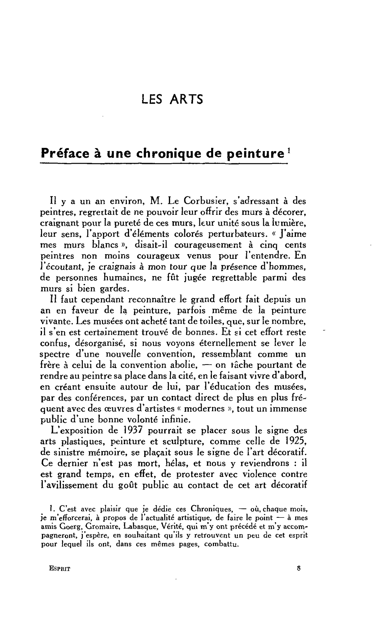 LES ARTS : Préface à une chronique de peinture