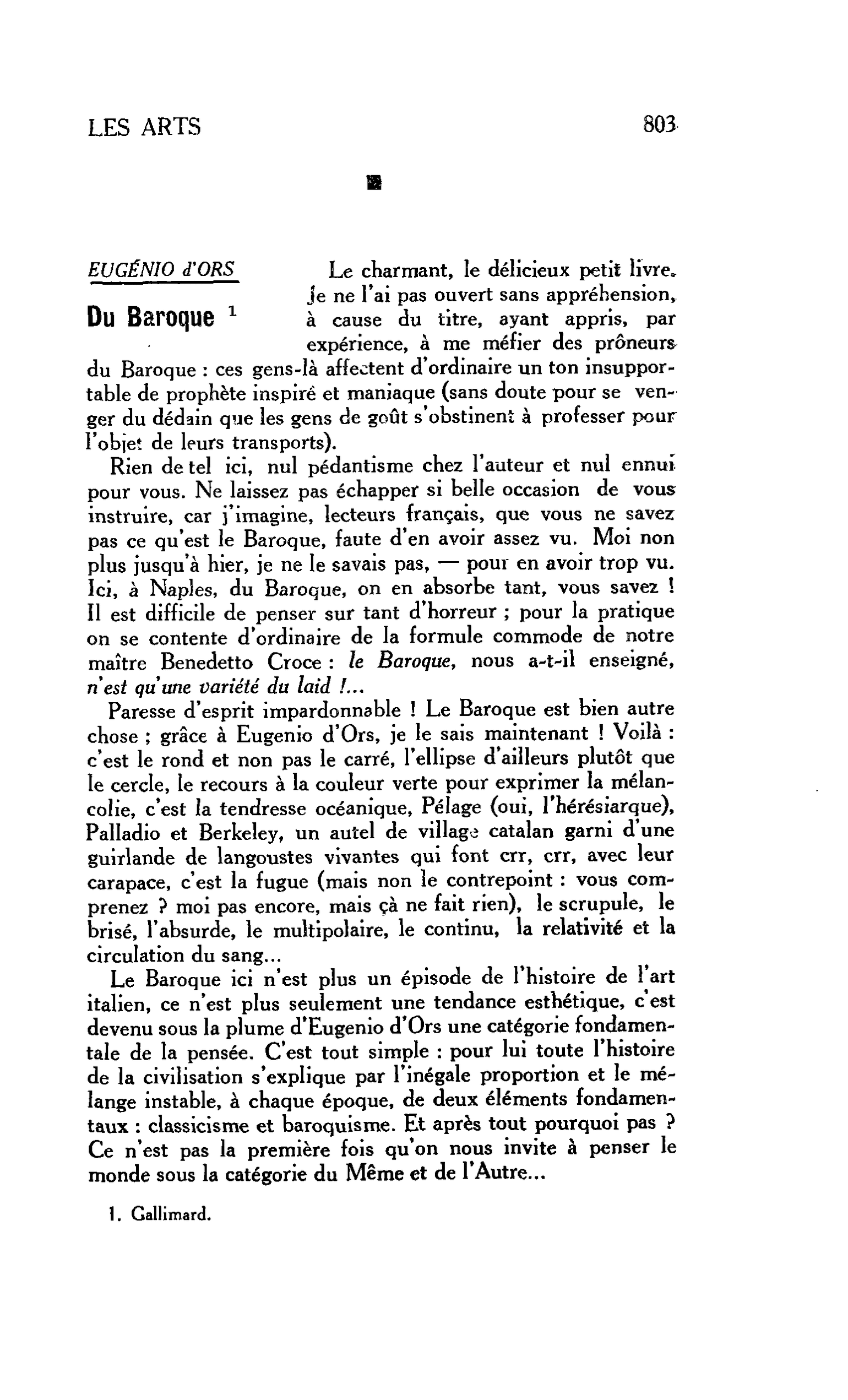 LES ARTS : EUGÉNIO d’ORS Du Baroque