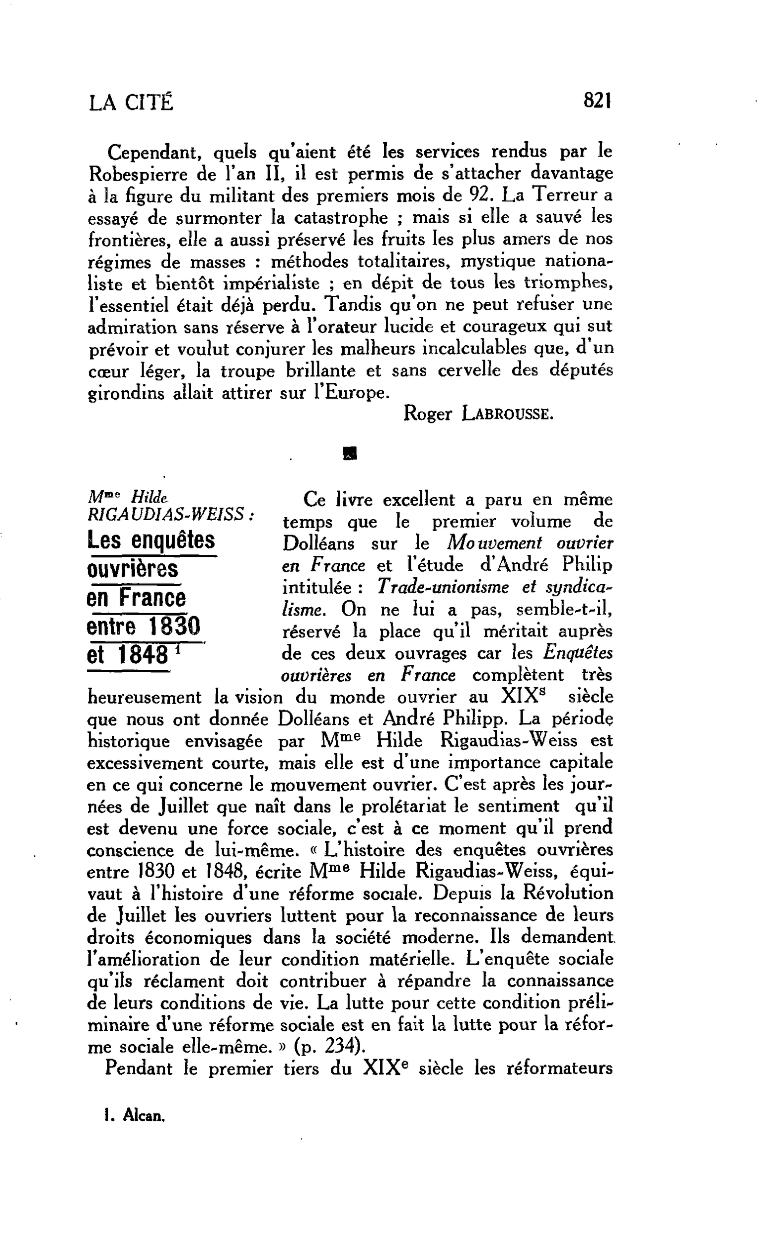 LA CITÉ : RIGAUDIAS-WEISS : Les enquêtes ouvrières en France entre 1830 et 1848