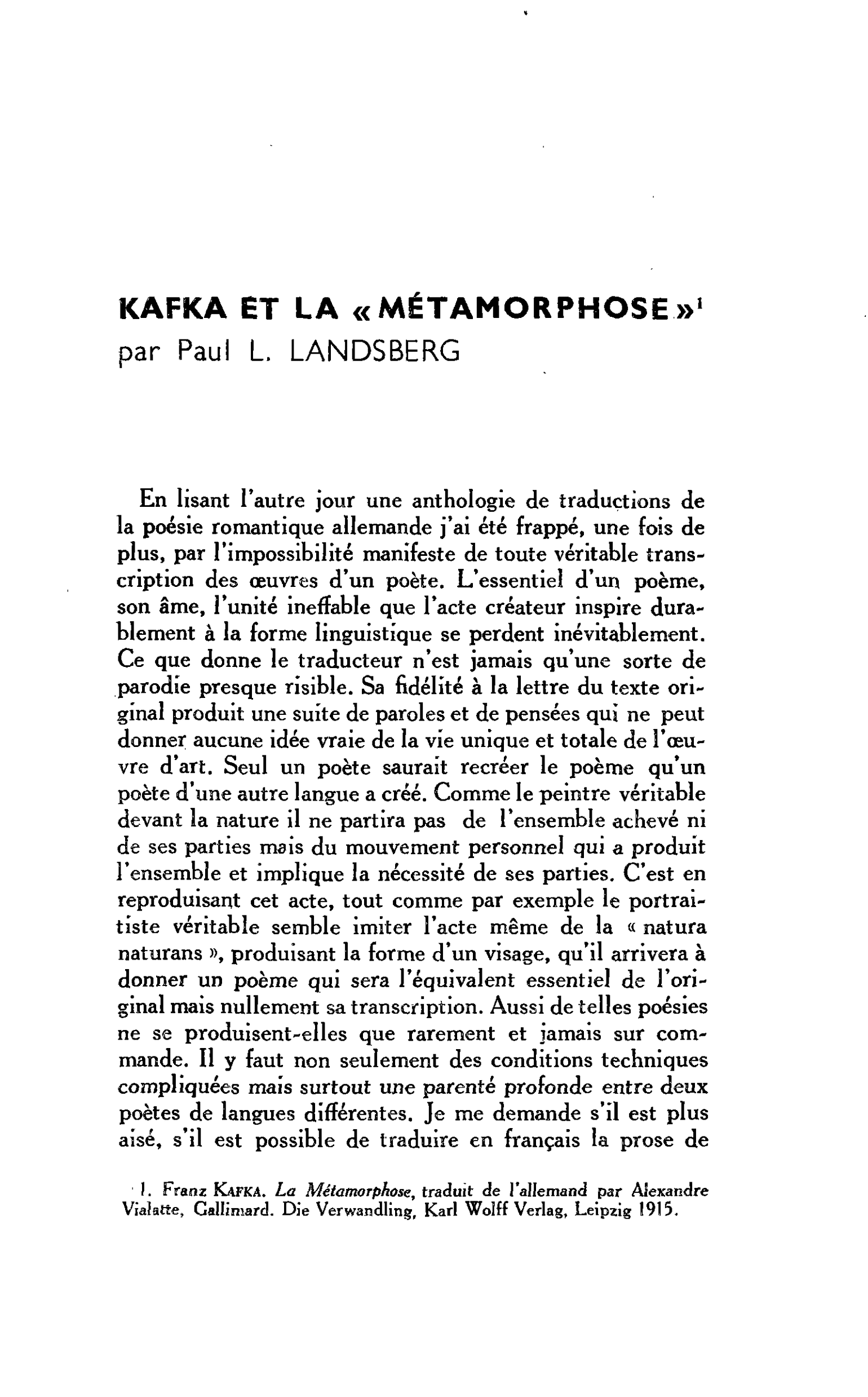 KAFKA ET LA « MÉTAMORPHOSE »