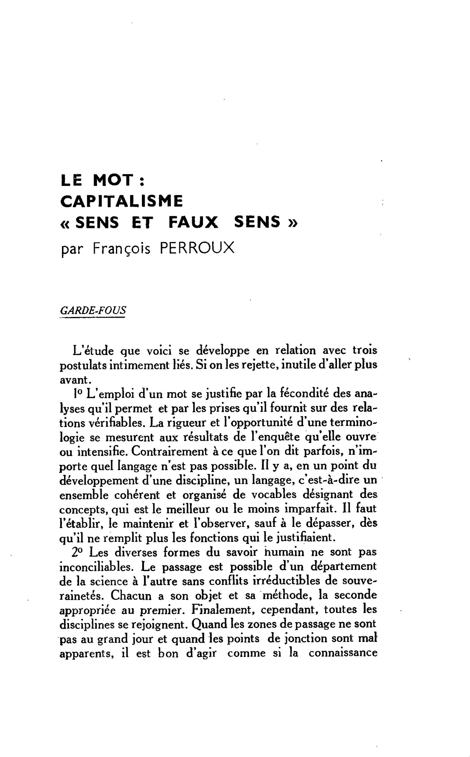 LE MOT : CAPITALISME. « SENS ET FAUX SENS »
