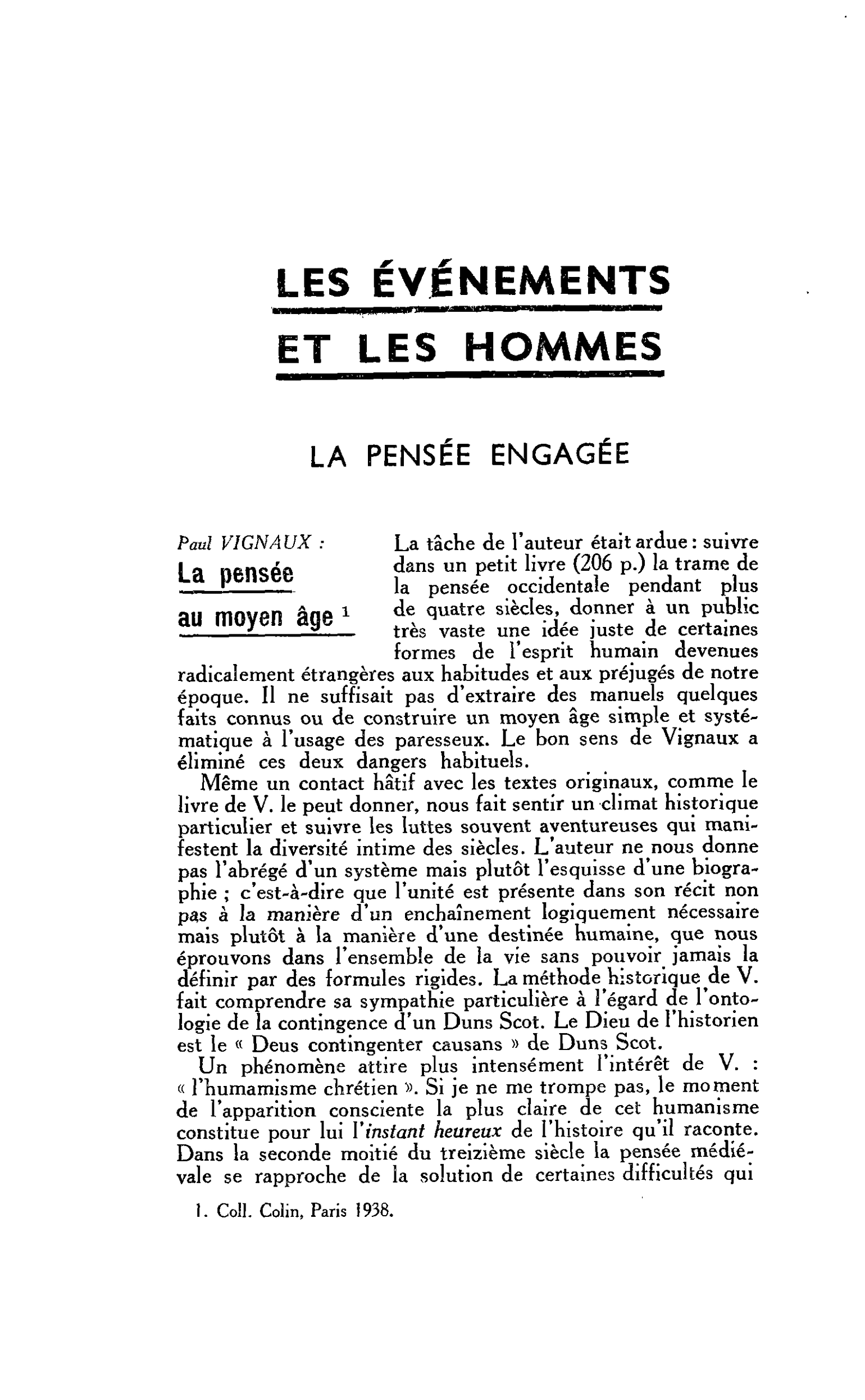 LA PENSÉE ENGAGÉE. Paul VIGNAUX : La pensée au moyen âge