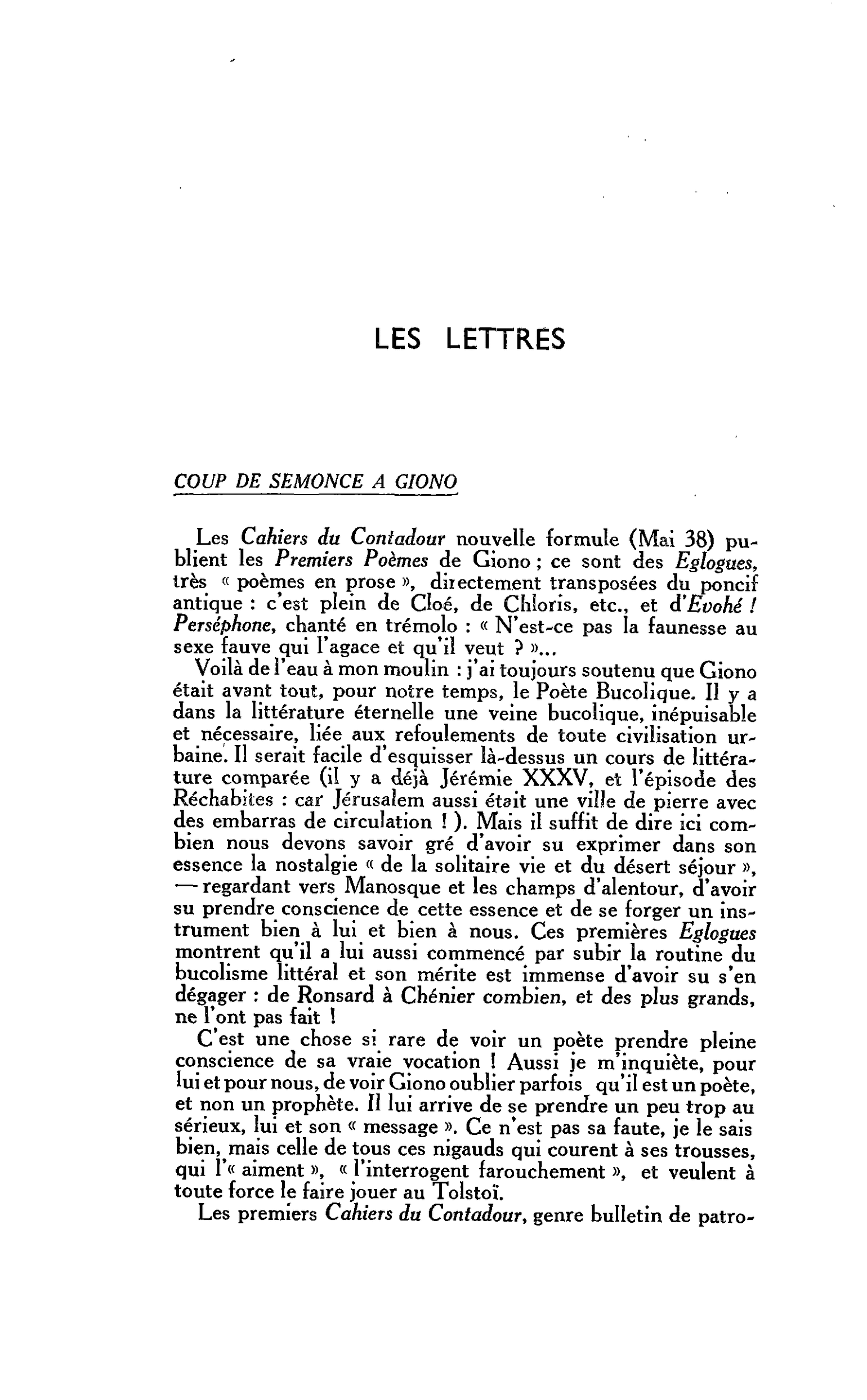 LES LETTRES COUP DE SEMONCE A GIONO