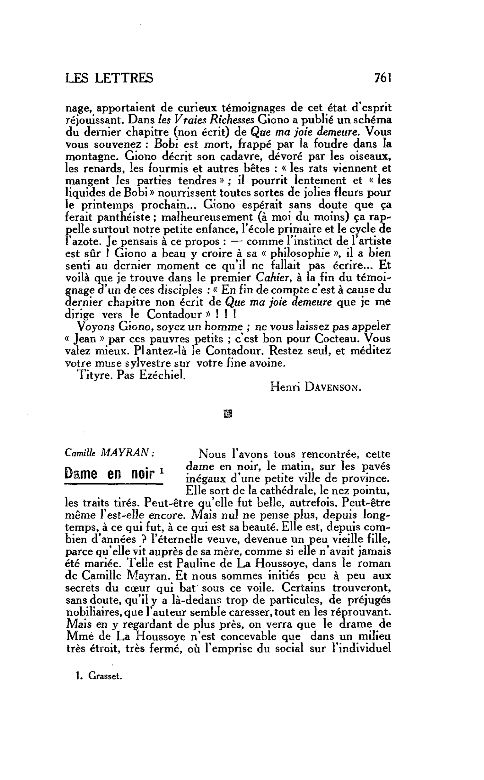 LES LETTRES. Camille MAYRAN : Dame en noir