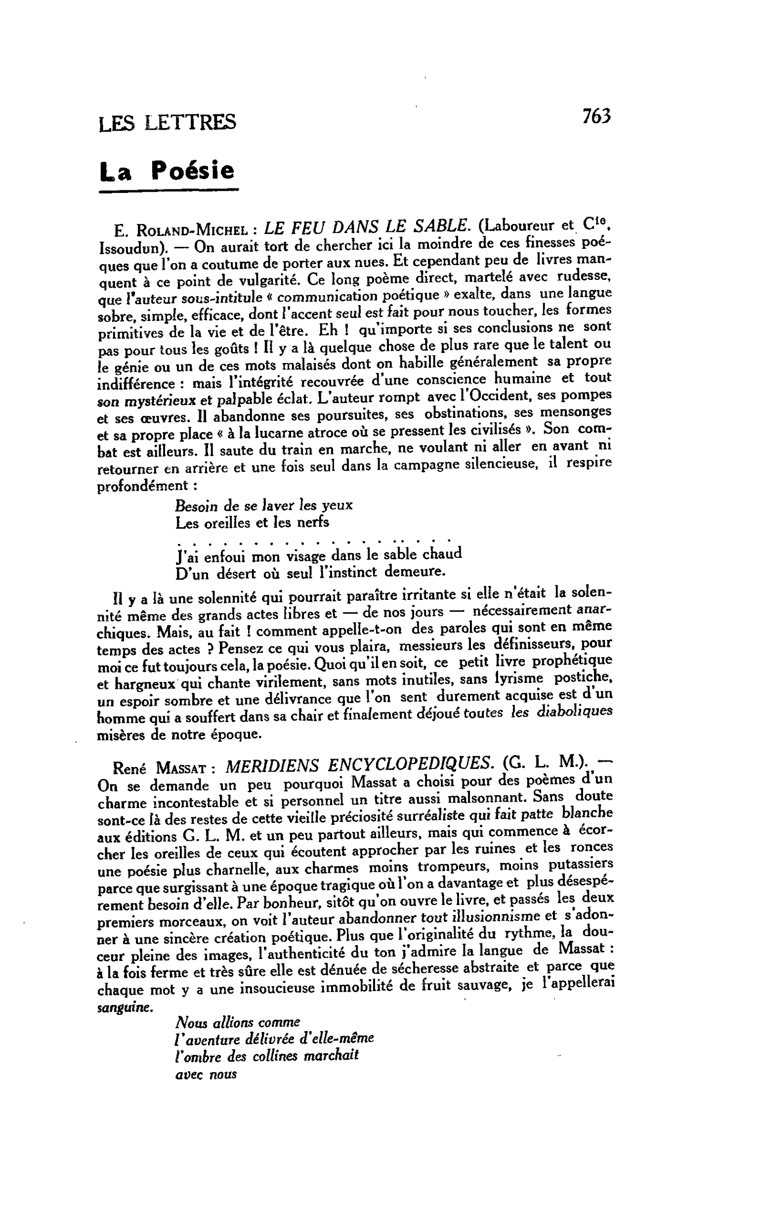 LES LETTRES. La Poésie. E. Roland-Michel : LE FEU DANS LE SABLE
