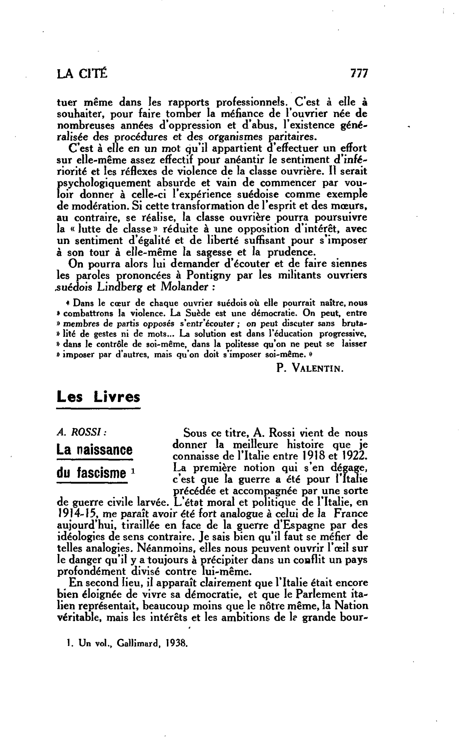 LA CITÉ. Les Livres A. ROSSI : La naissance du fascisme