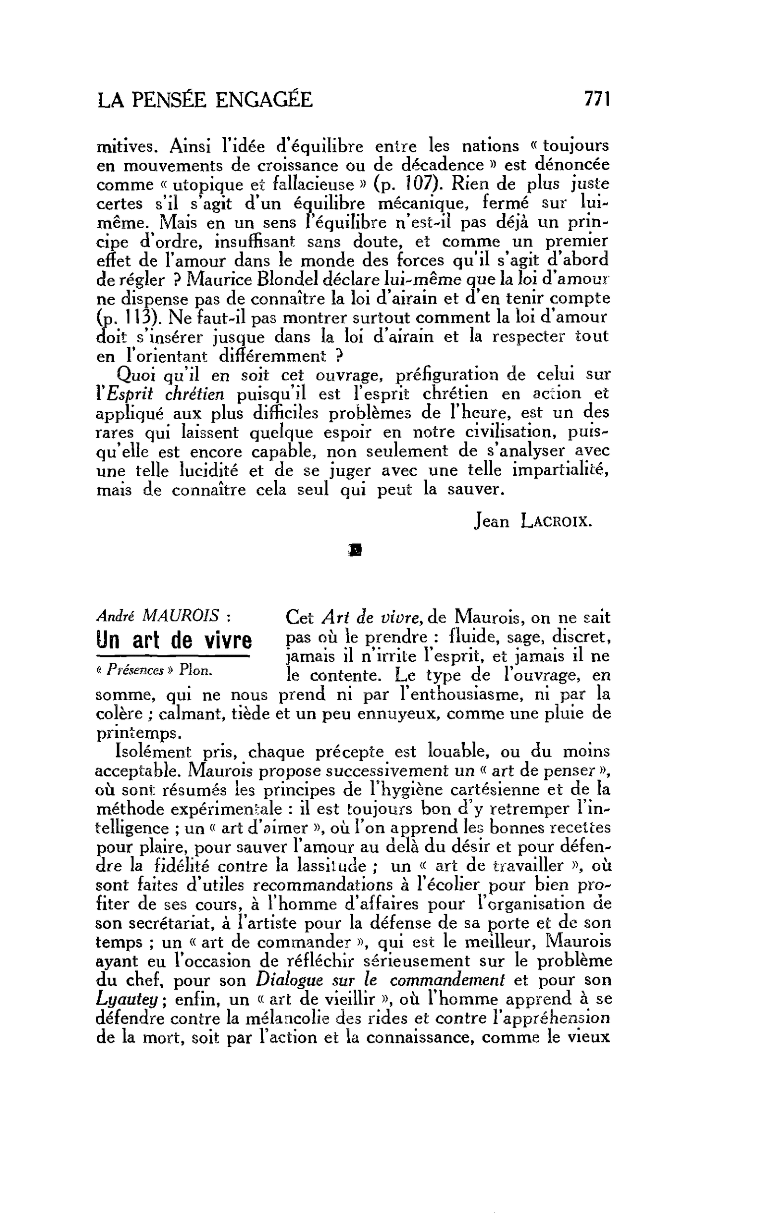 LA PENSEE ENGAGÉE. André MAUROIS : Un art de vivre « Présences »