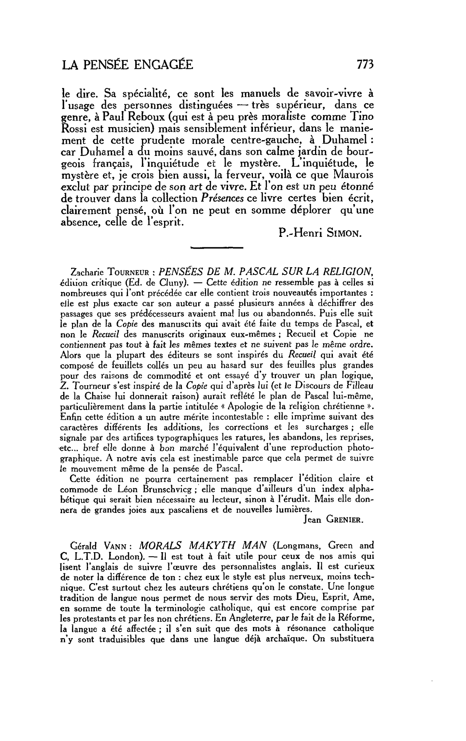 LA PENSEE ENGAGÉE. Gérald Vann : MORALS MAKYTH MAN