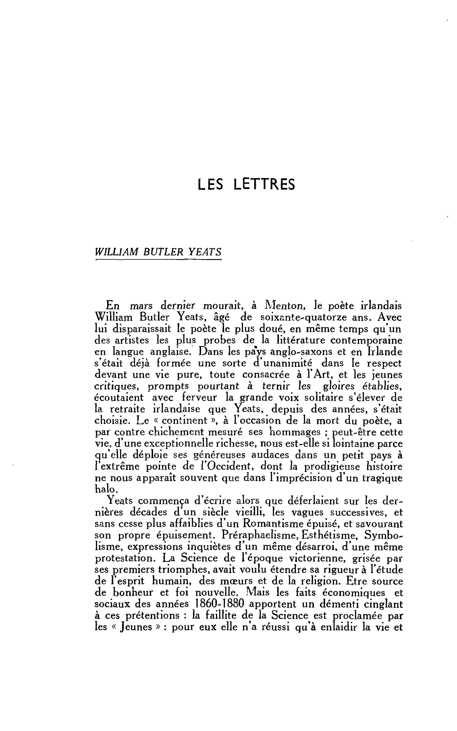 LES LETTRES : WILLIAM BUTLER YEATS