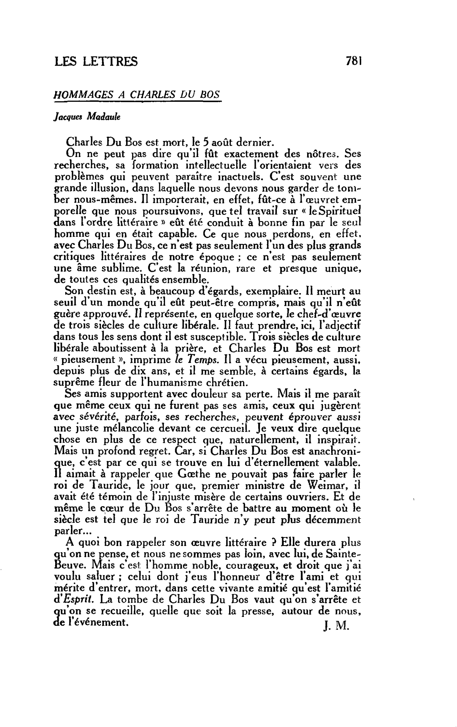 LES LETTRES. HOMMAGES A CHARLES DU BOS : Jacques Madaule