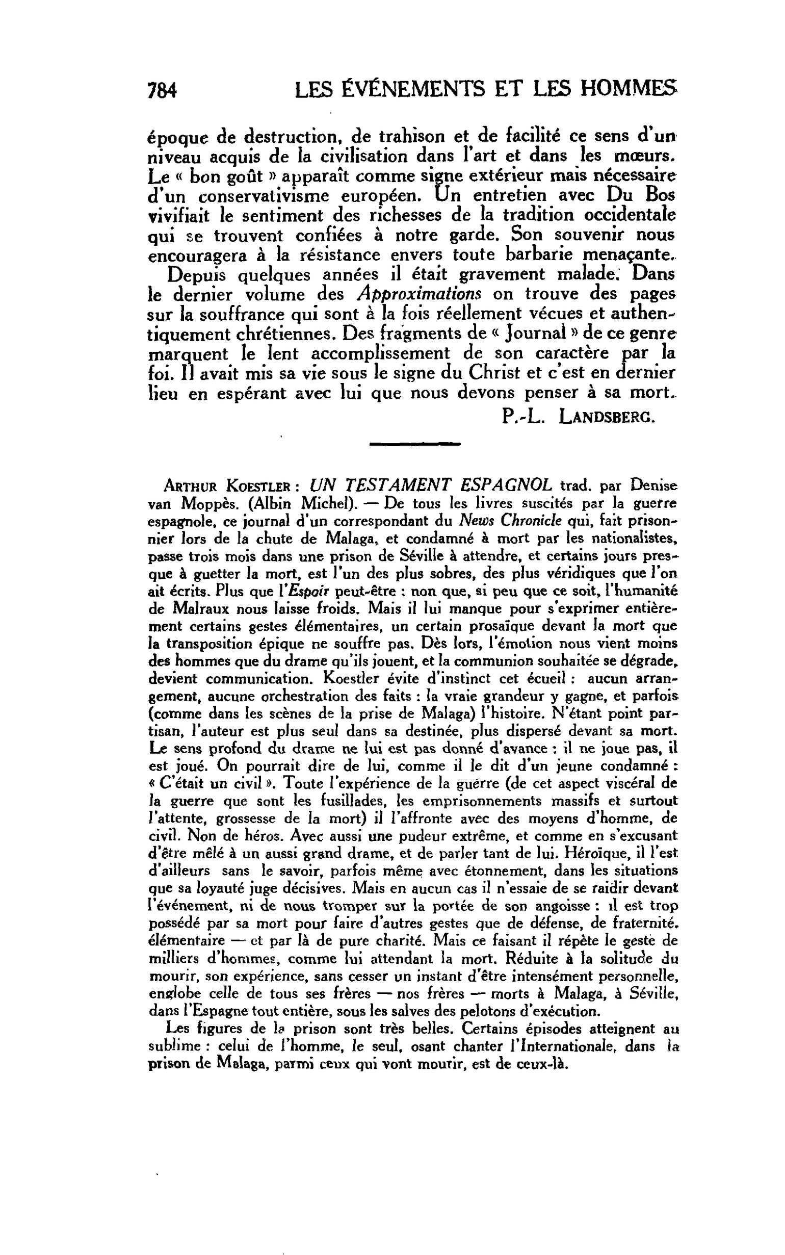 LES LETTRES. Arthur Koestler : UN TESTAMENT ESPAGNOL
