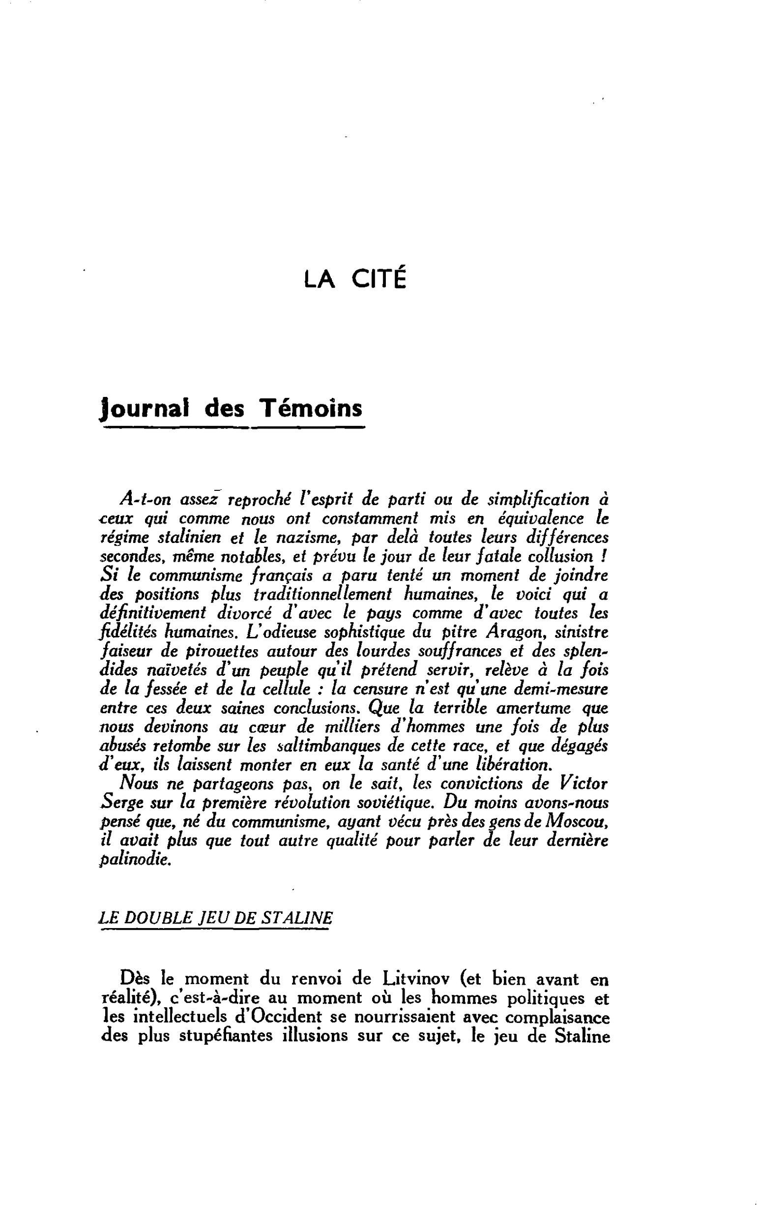 LA CITÉ : Journal des Témoins