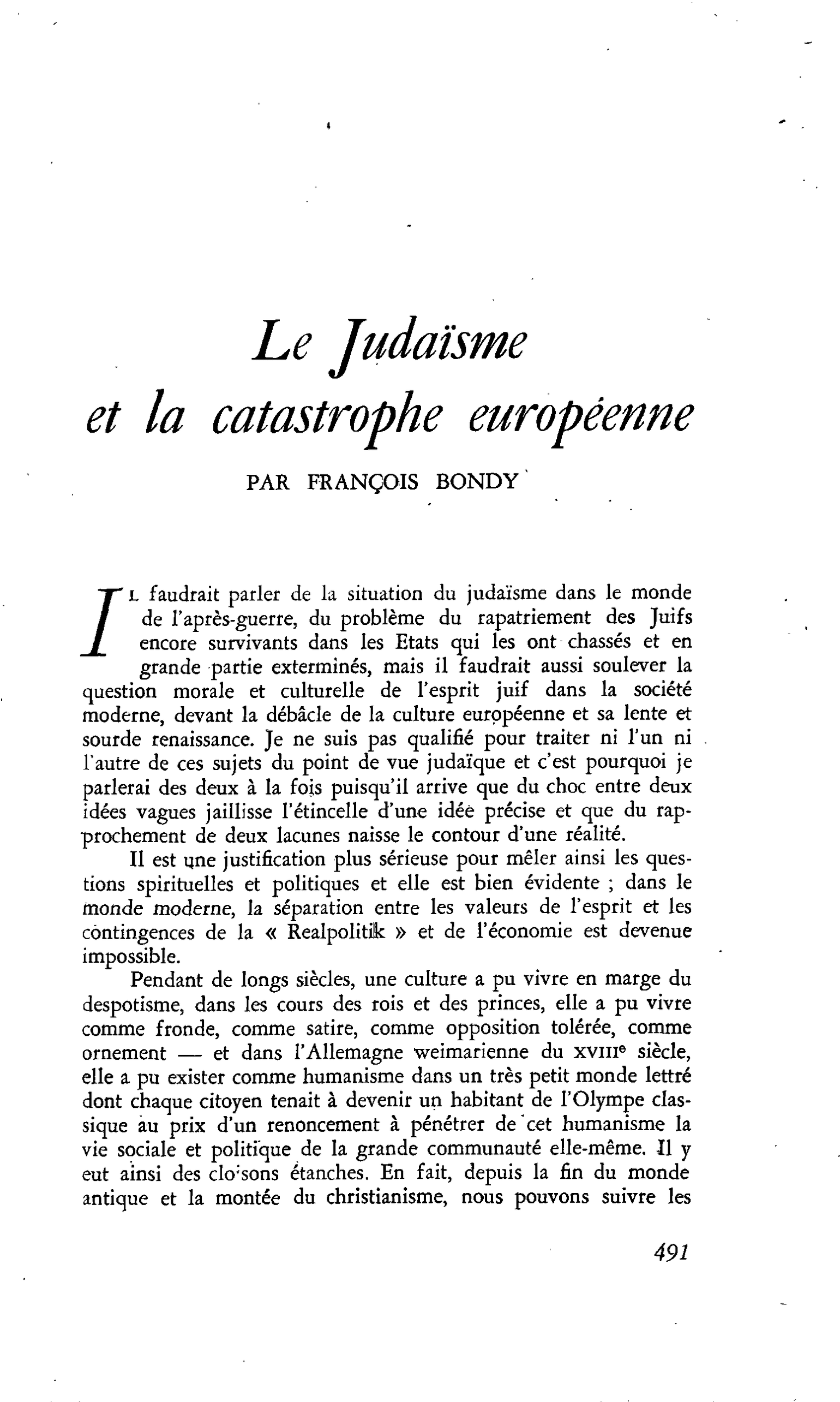 Le Judaïsme et la catastrophe européenne