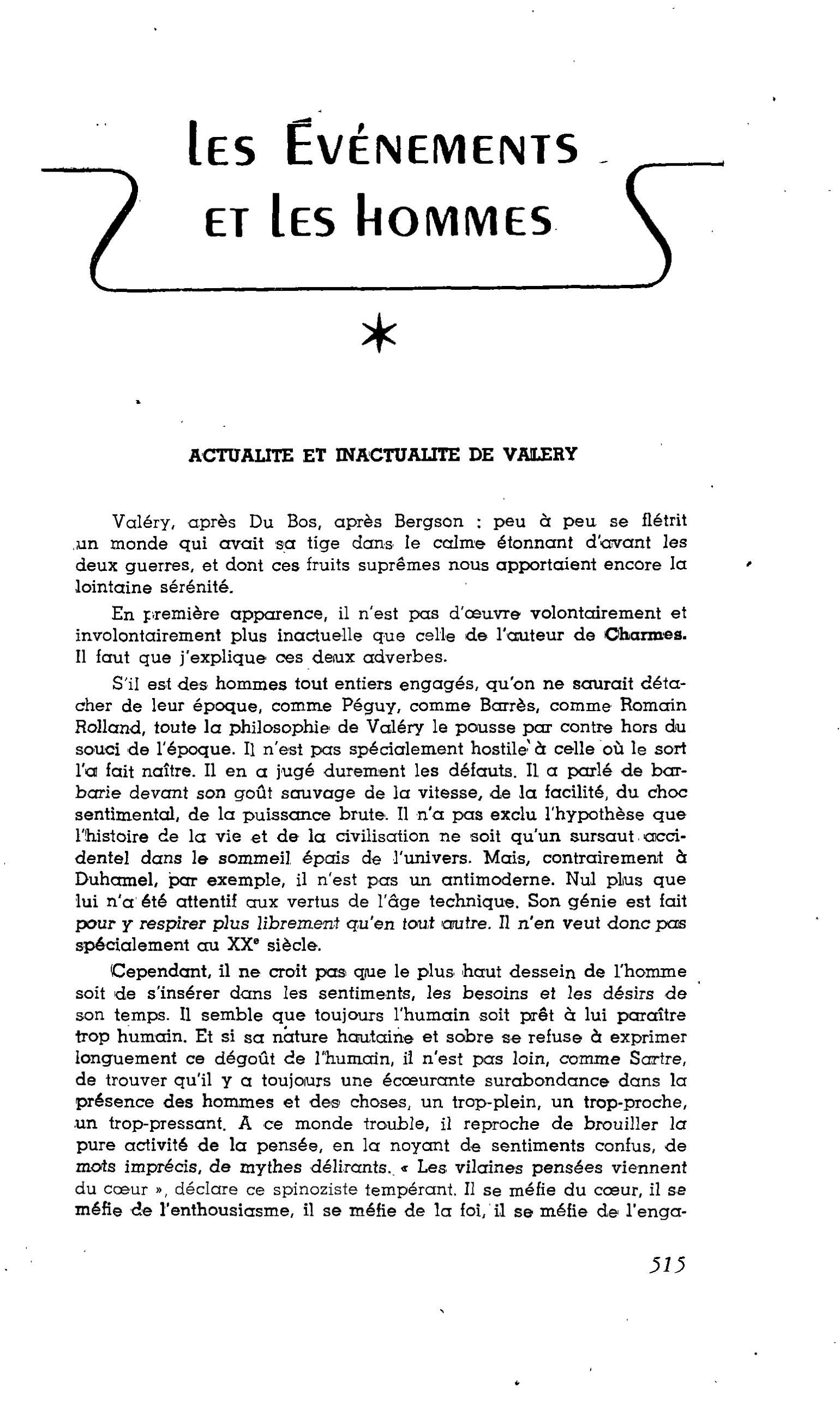 ACTUALITE ET INACTUALITE DE VALERY
