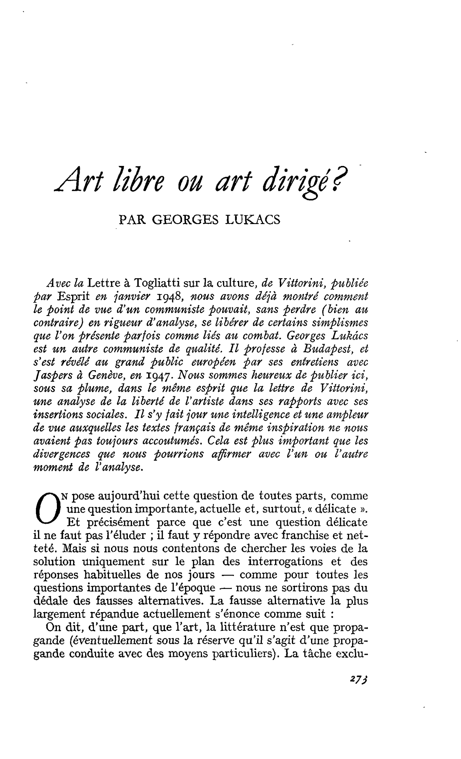 Art libre ou art dirigé ?