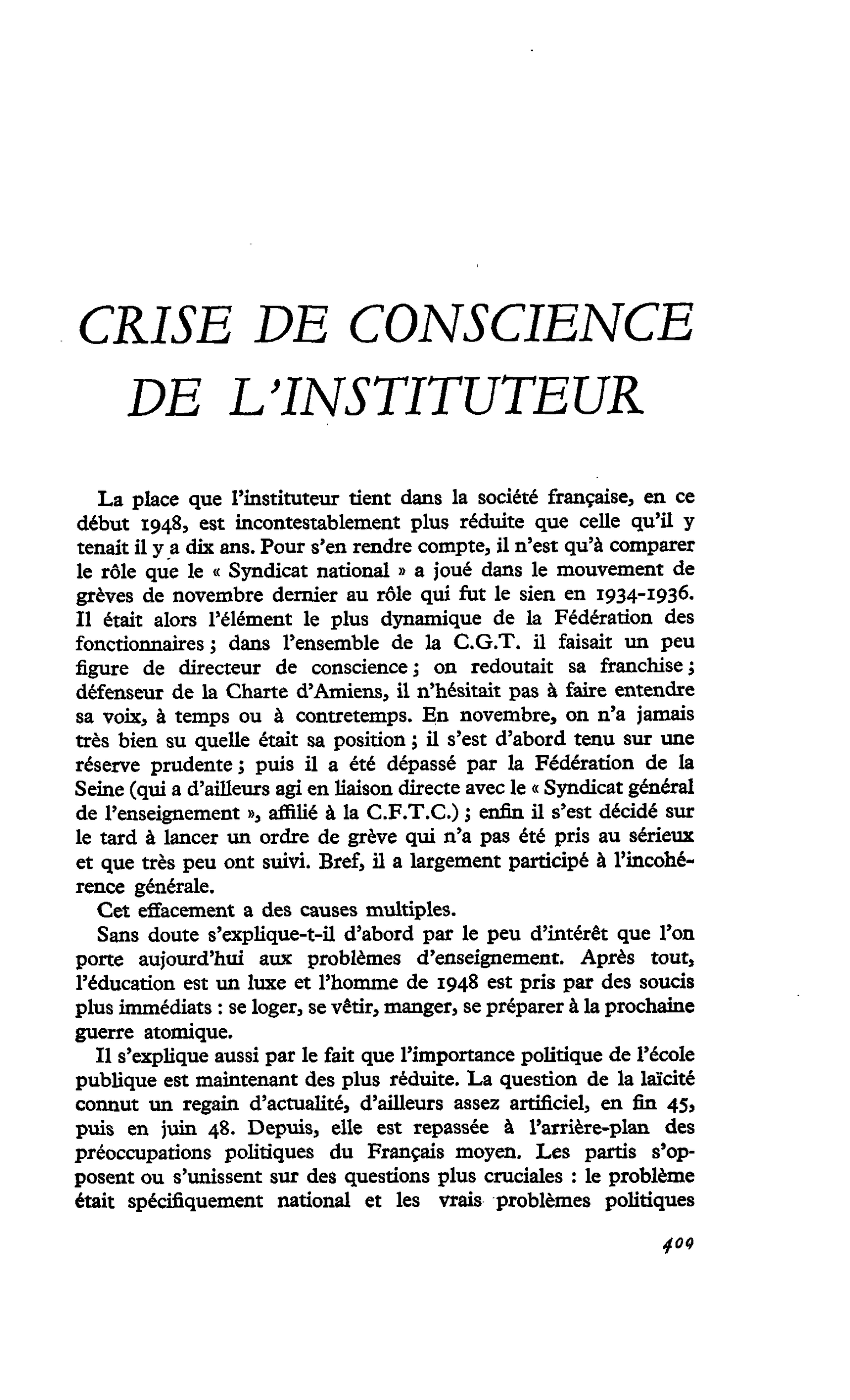 CRISE DE CONSCIENCE DE L’INSTITUTEUR