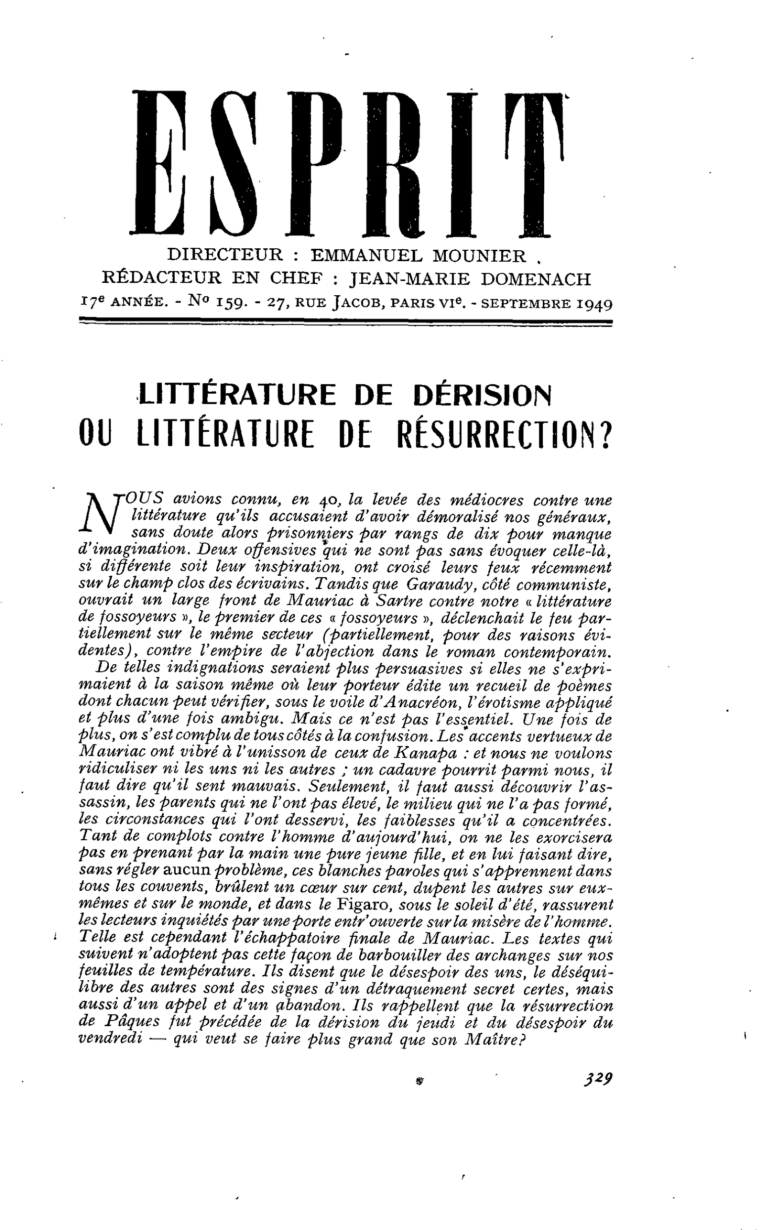 LITTÉRATURE DE DÉRISION OU LITTÉRATURE DE RÉSURRECTION ?