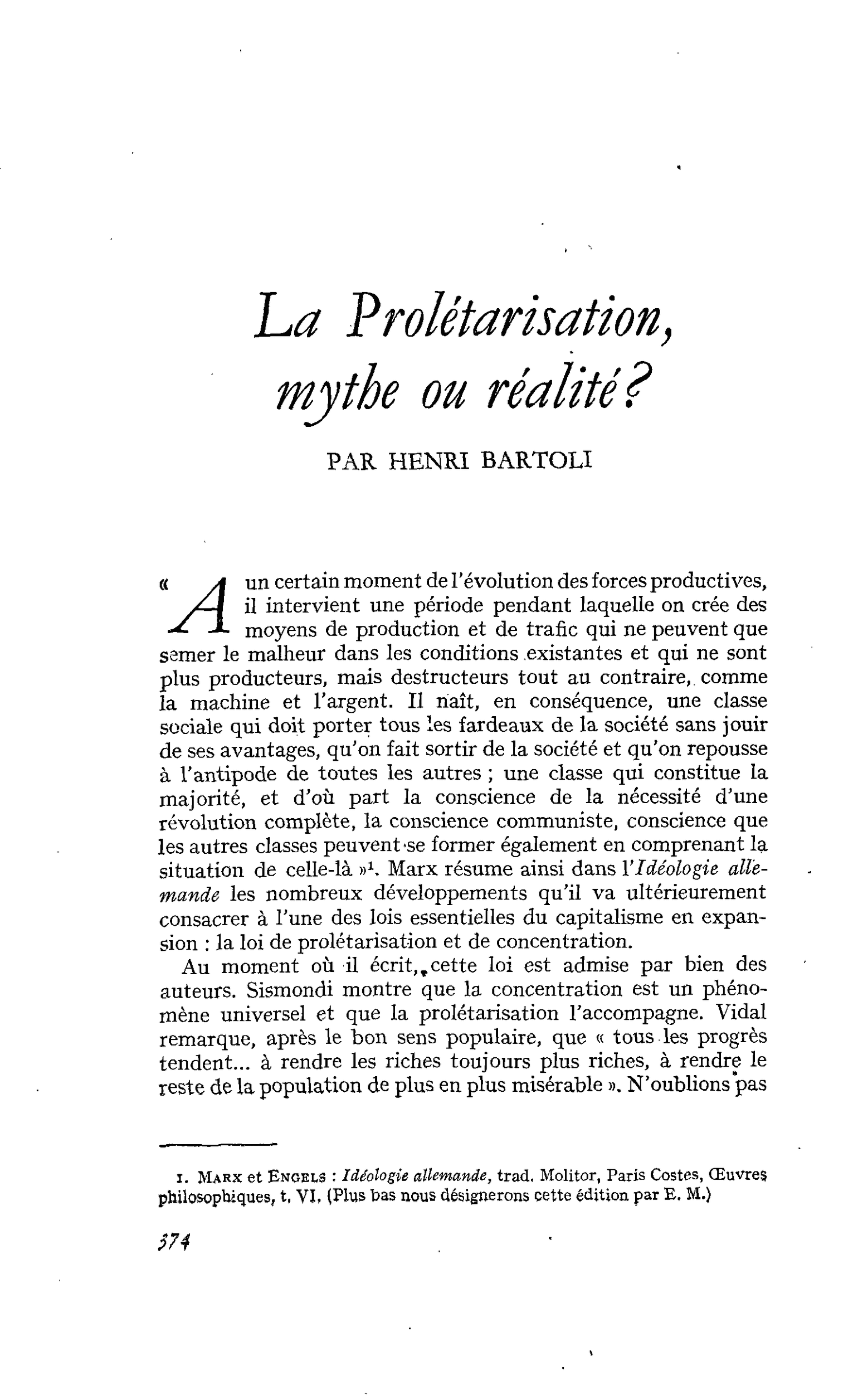 La Prolétarisation, mythe ou réalité ?