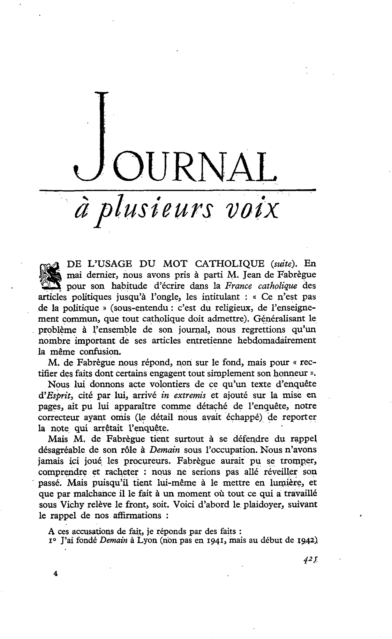 DE L’USAGE DU MOT CATHOLIQUE (suite)