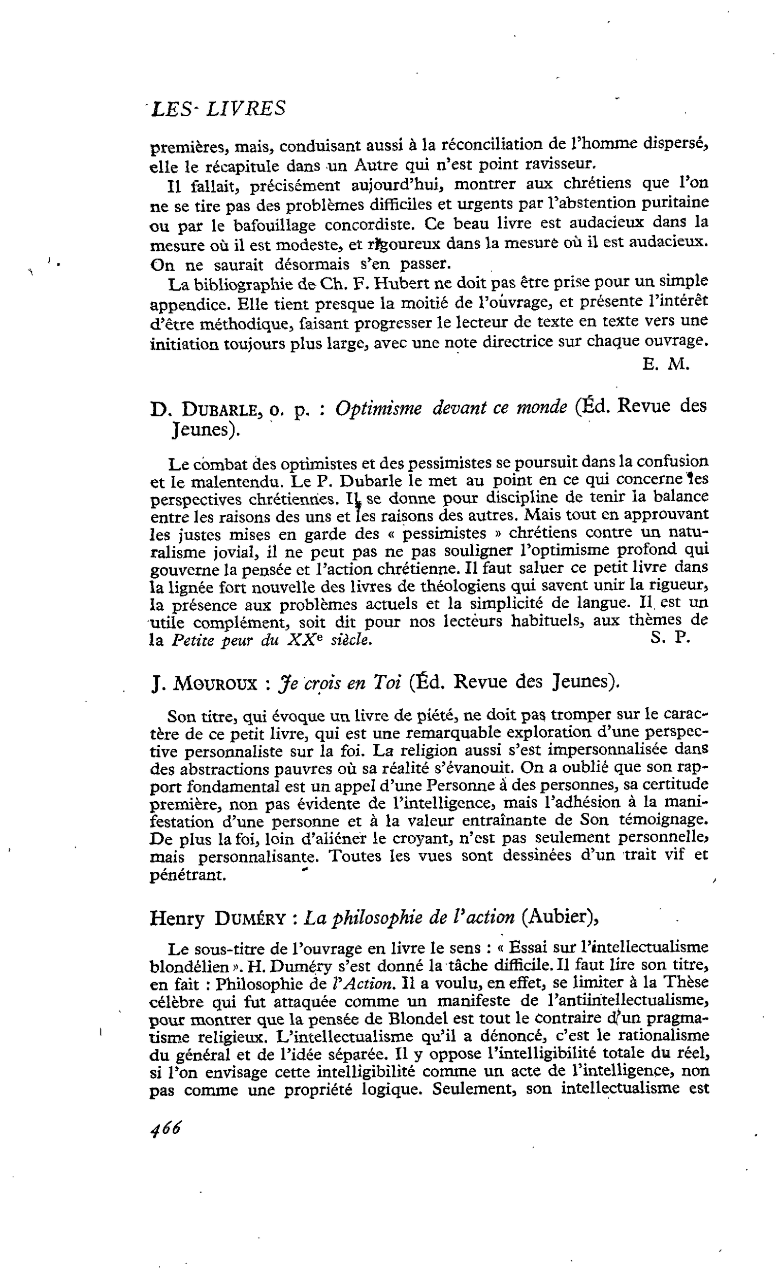 D. Dubarle, o. p. : Optimisme devant ce monde