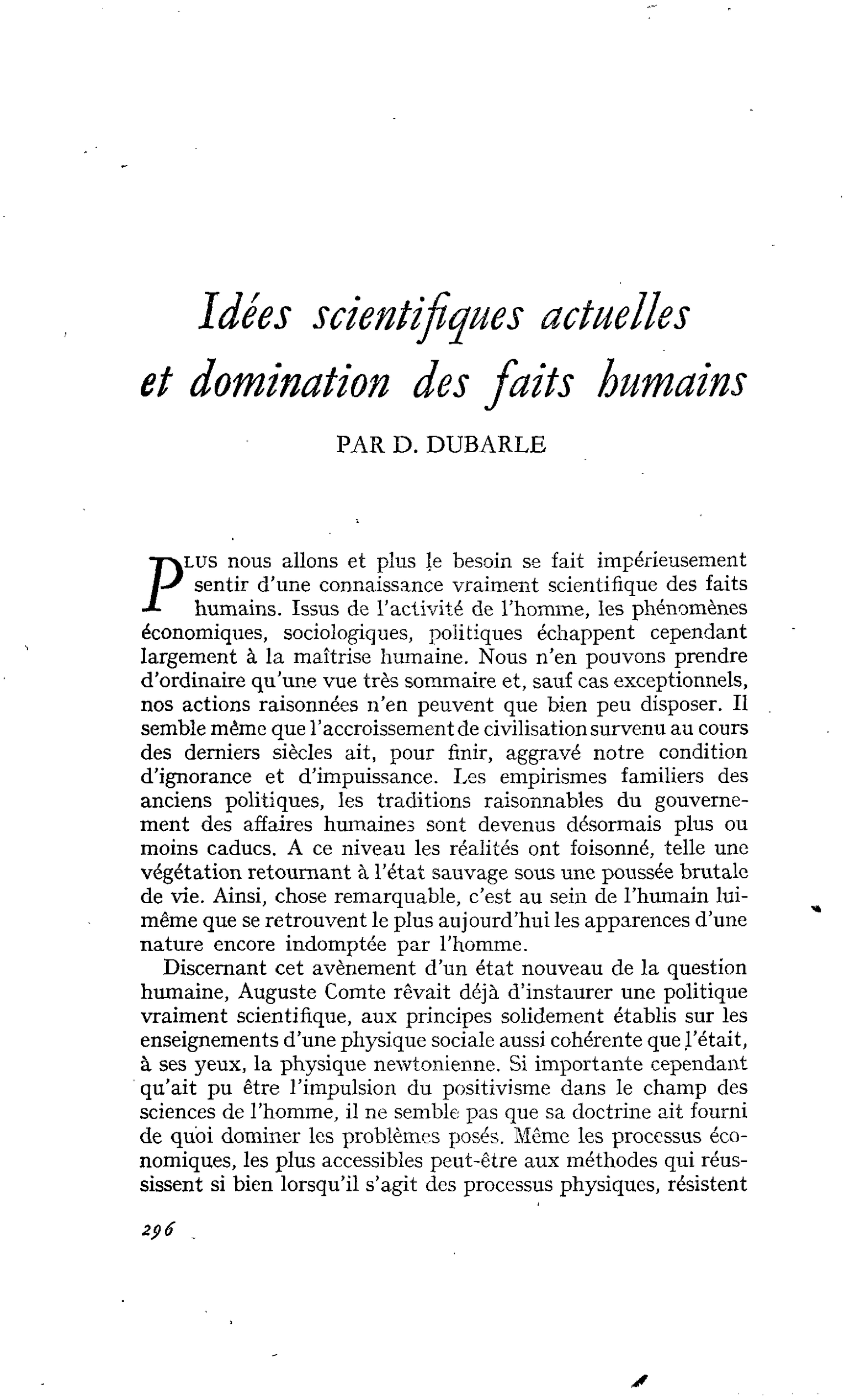 Idées scientifiques actuelles et domination des faits humains
