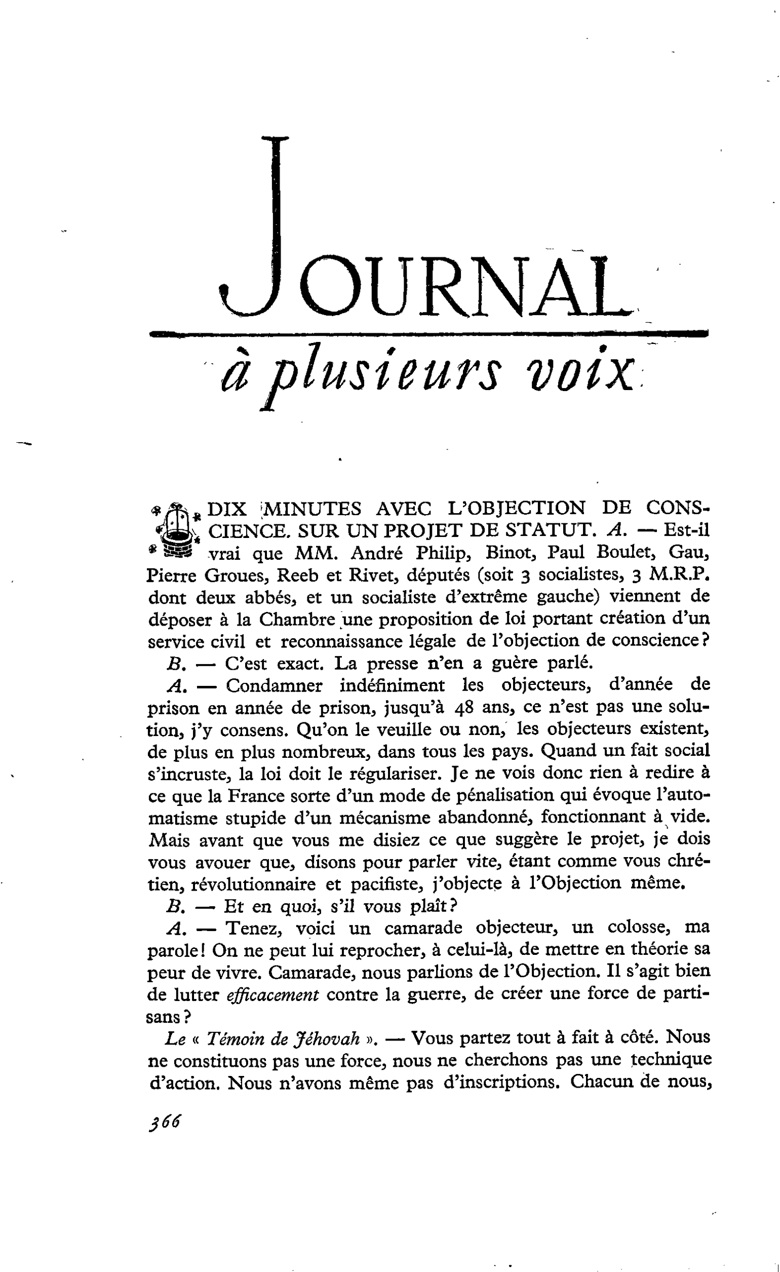 DIX MINUTES AVEC L’OBJECTION DE CONSCIENCE SUR UN PROJET DE STATUT