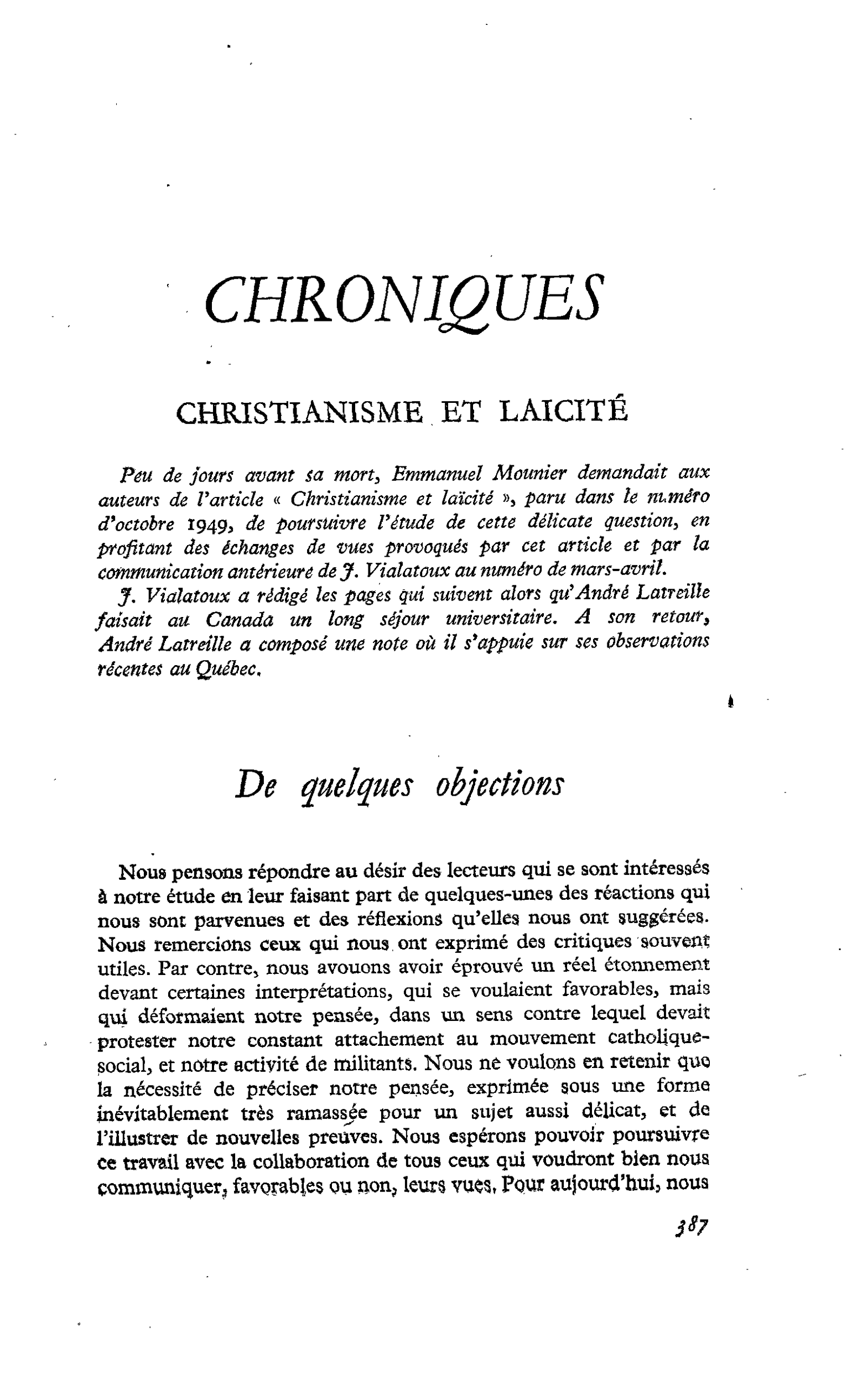CHRISTIANISME. ET LAICITÉ