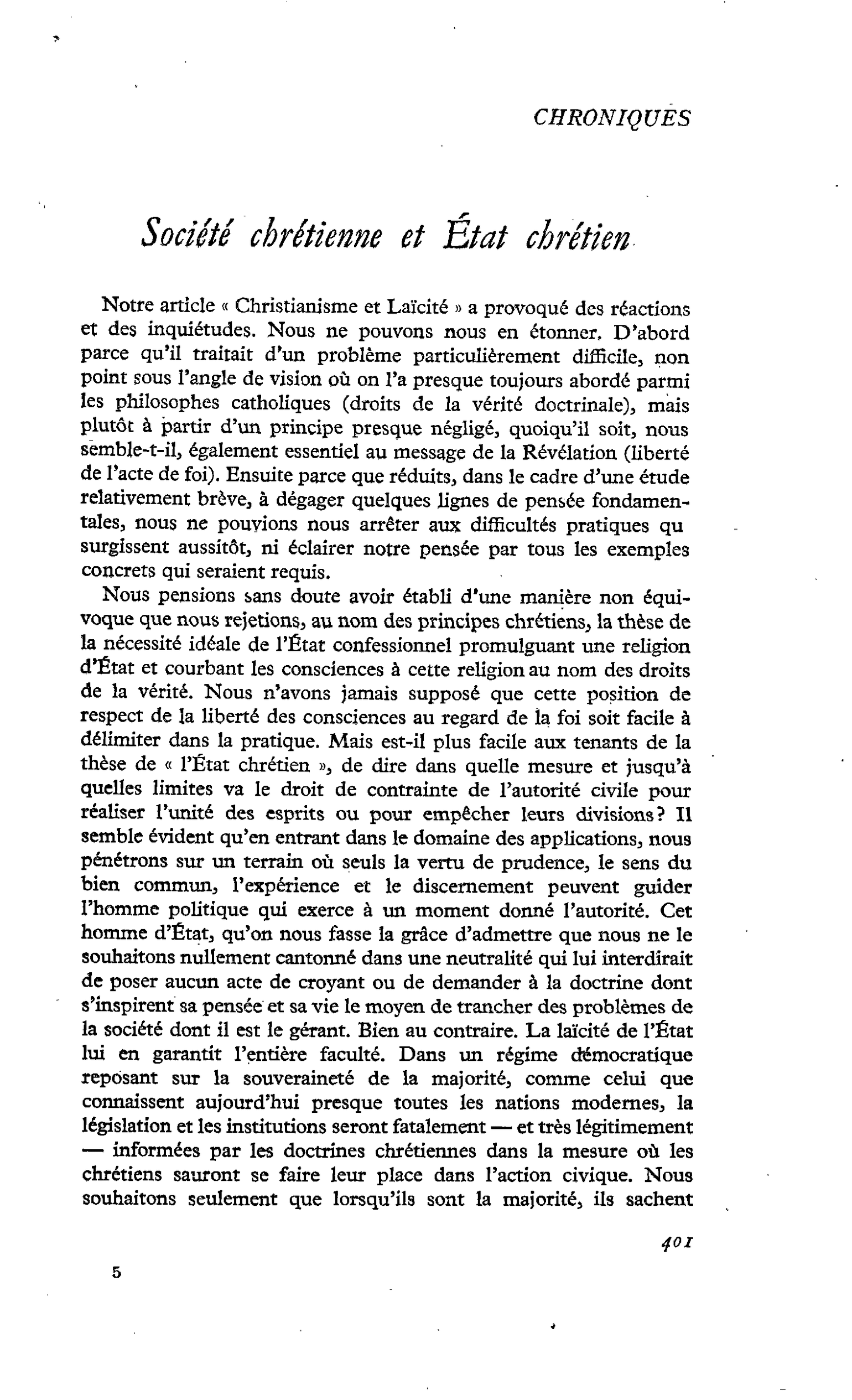 Société chrétienne et Etat chrétien