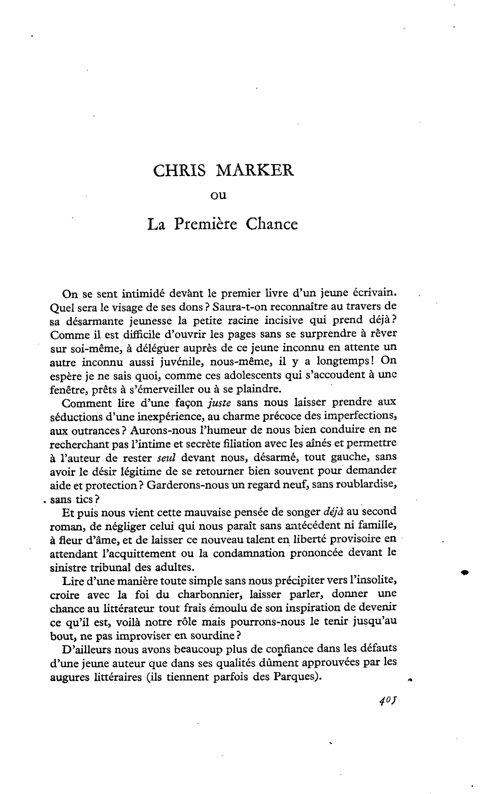 CHRIS MARKER ou La Première Chance