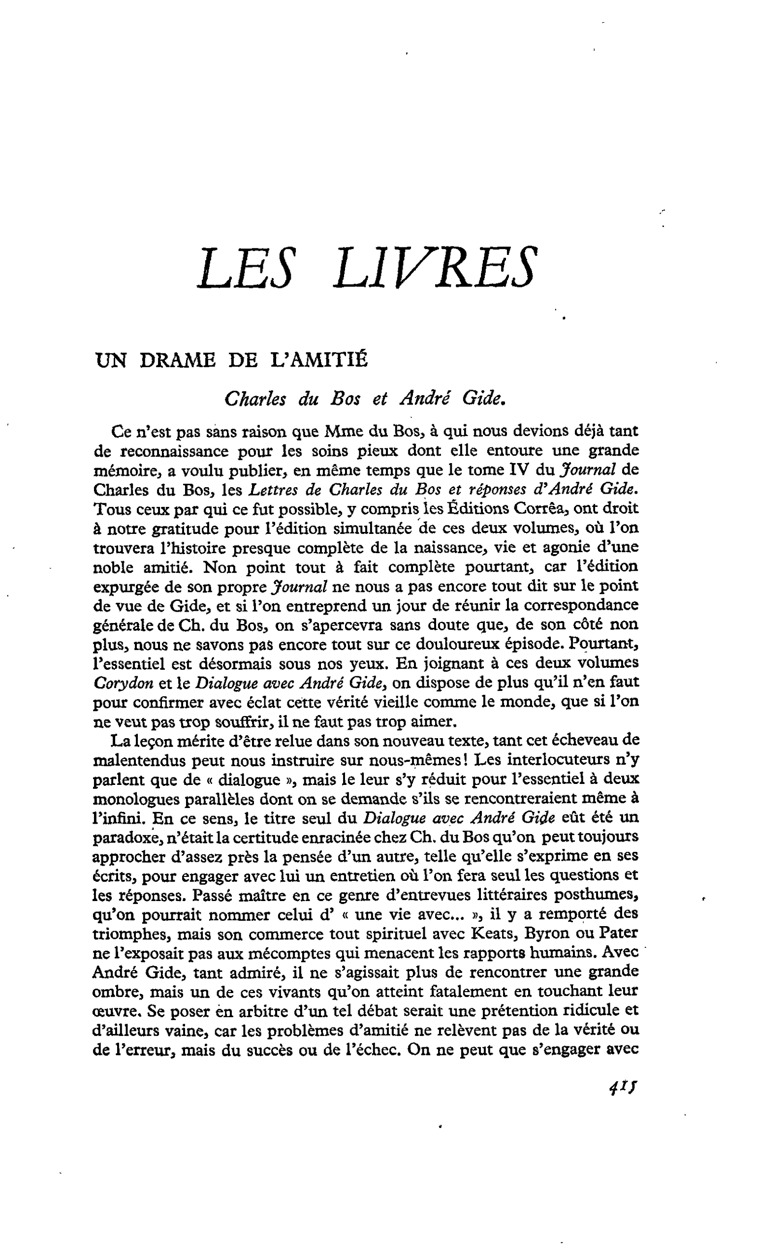 UN DRAME DE L’AMITIÉ : Charles du Bos et André Gide