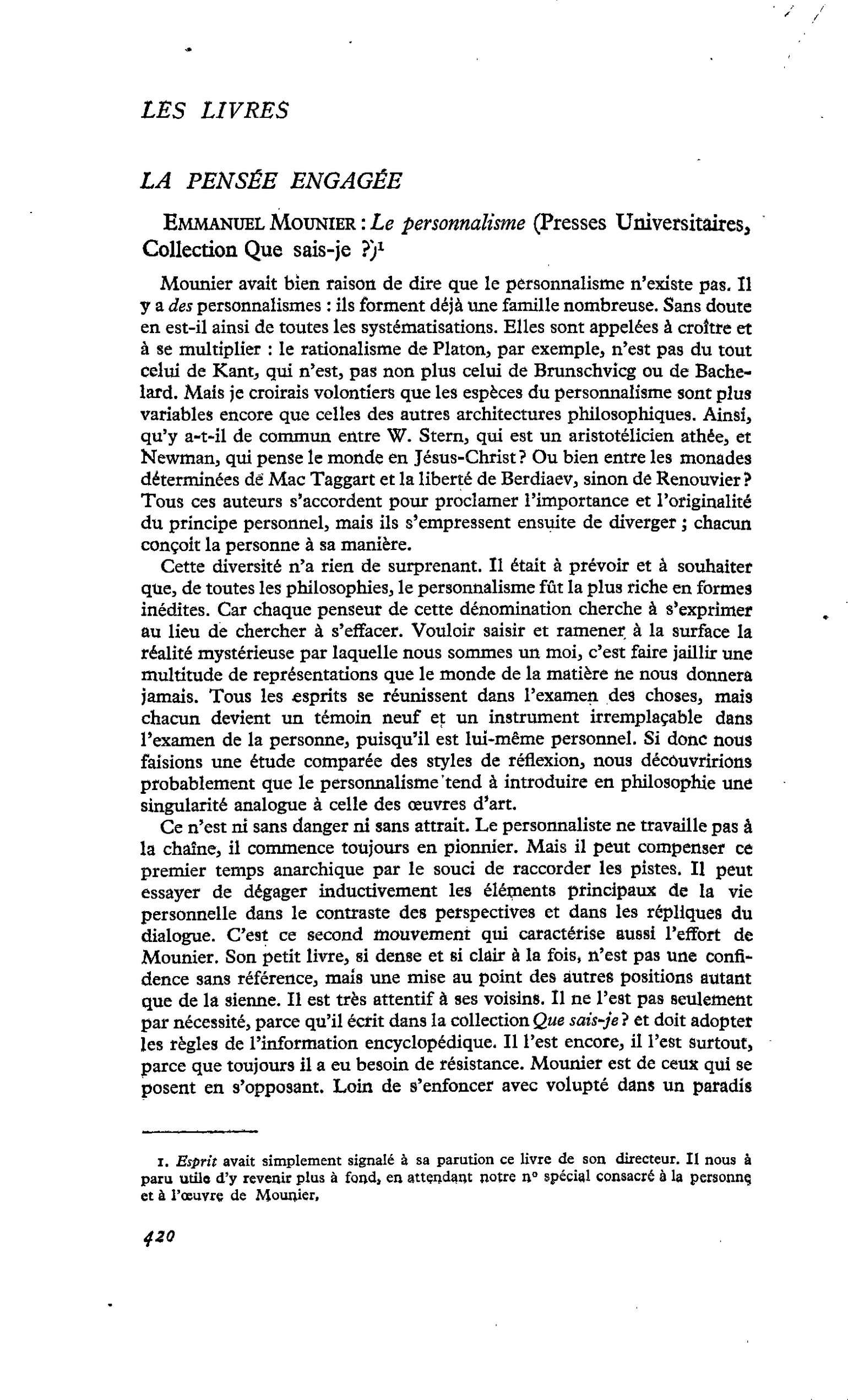 LA PENSÉE ENGAGÉE. Emmanuel Mounier : Le personnalisme