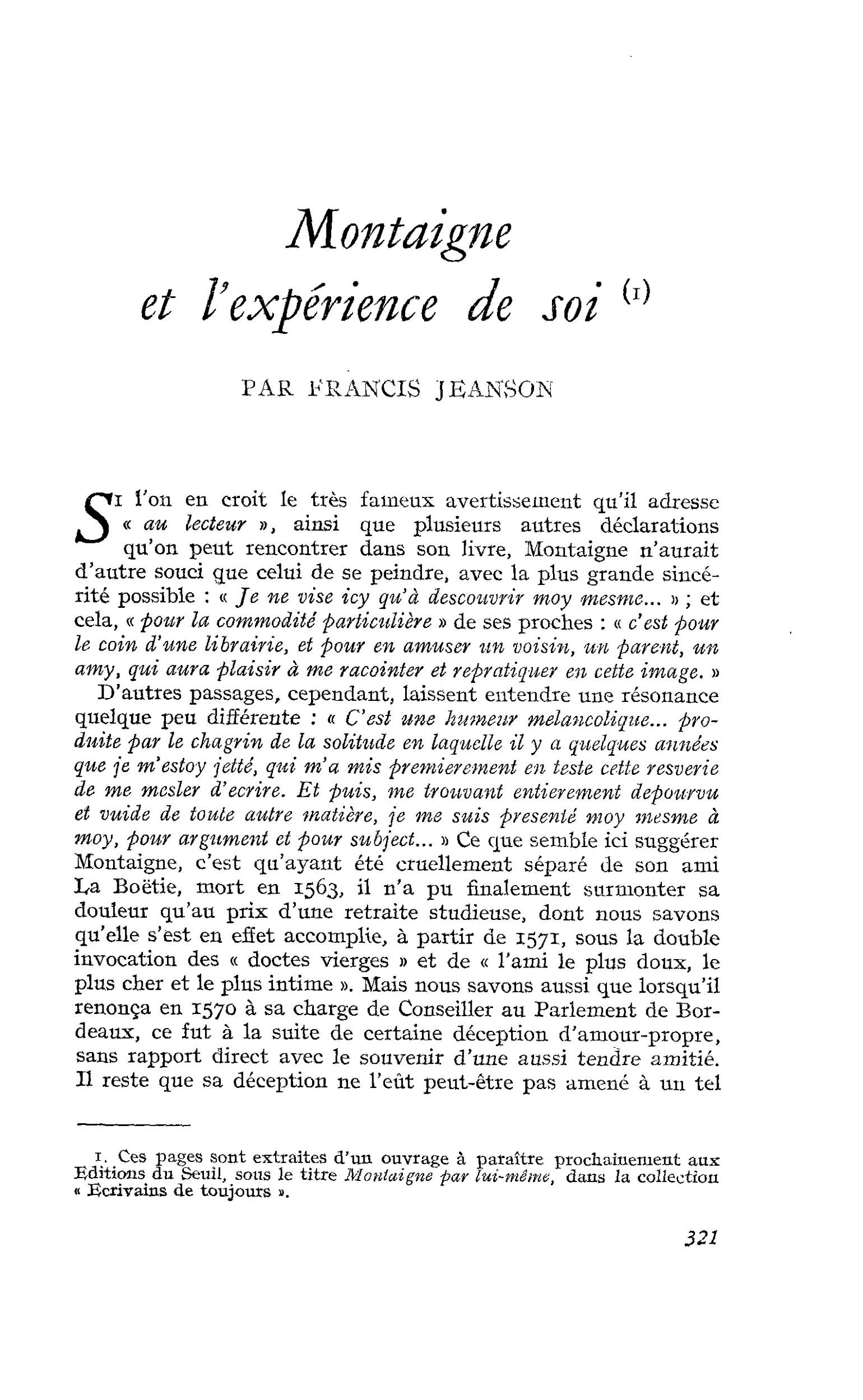 Montaigne et l’expérience de soi