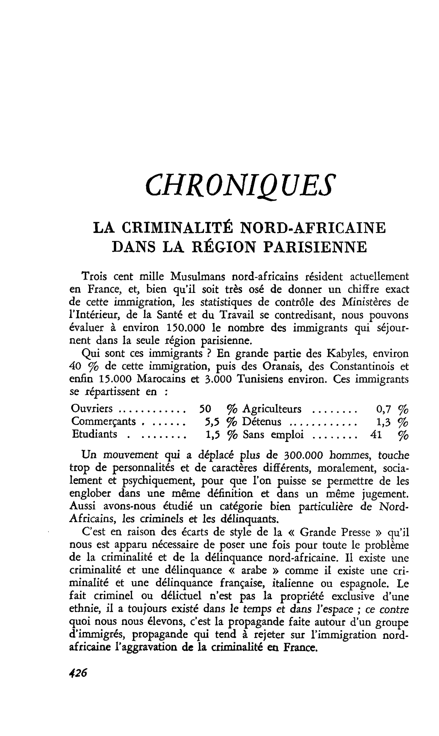 LA CRIMINALITÉ NORD-AFRICAINE DANS LA RÉGION PARISIENNE
