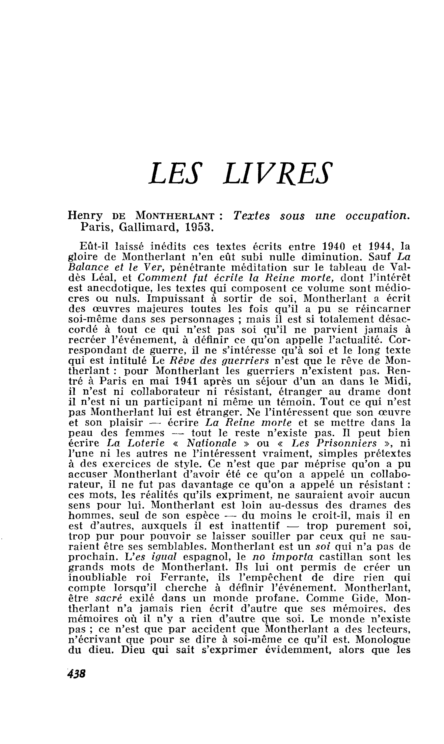 Henry de Montherlant : Textes sous une occupation