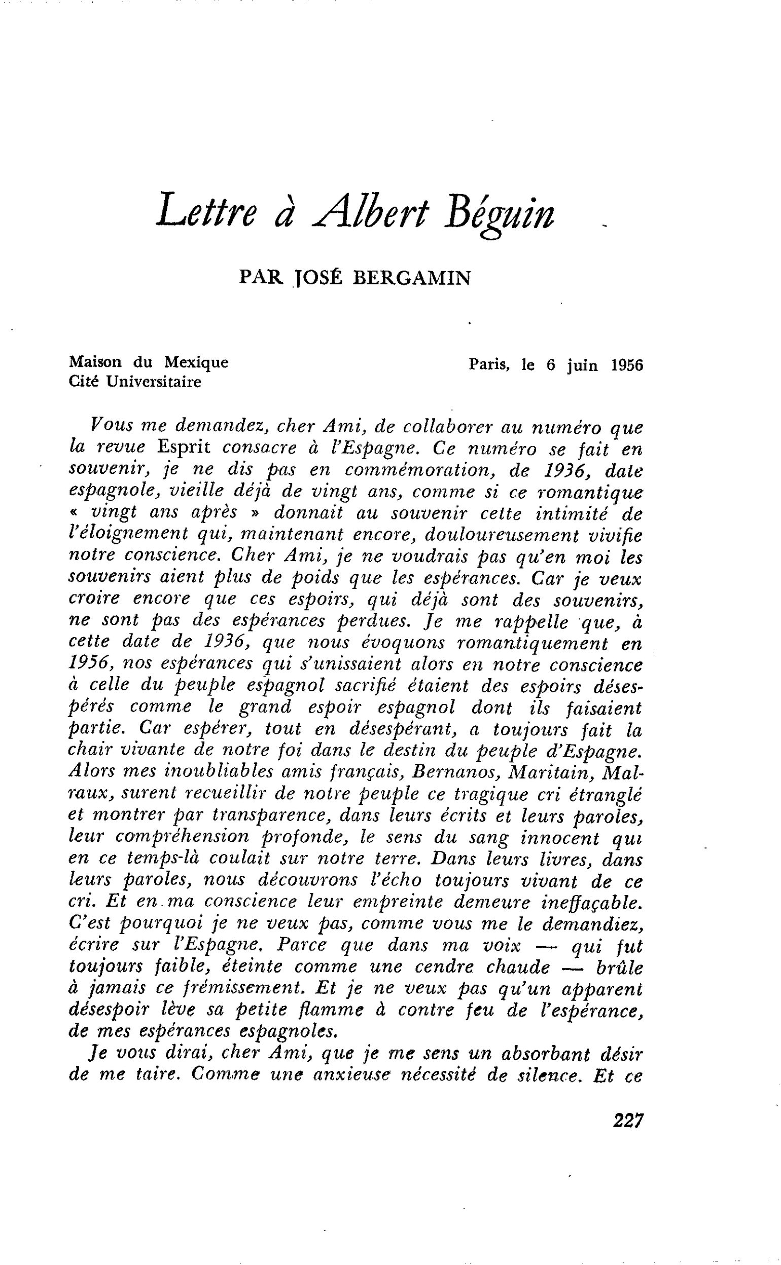 Lettre à Albert béguin